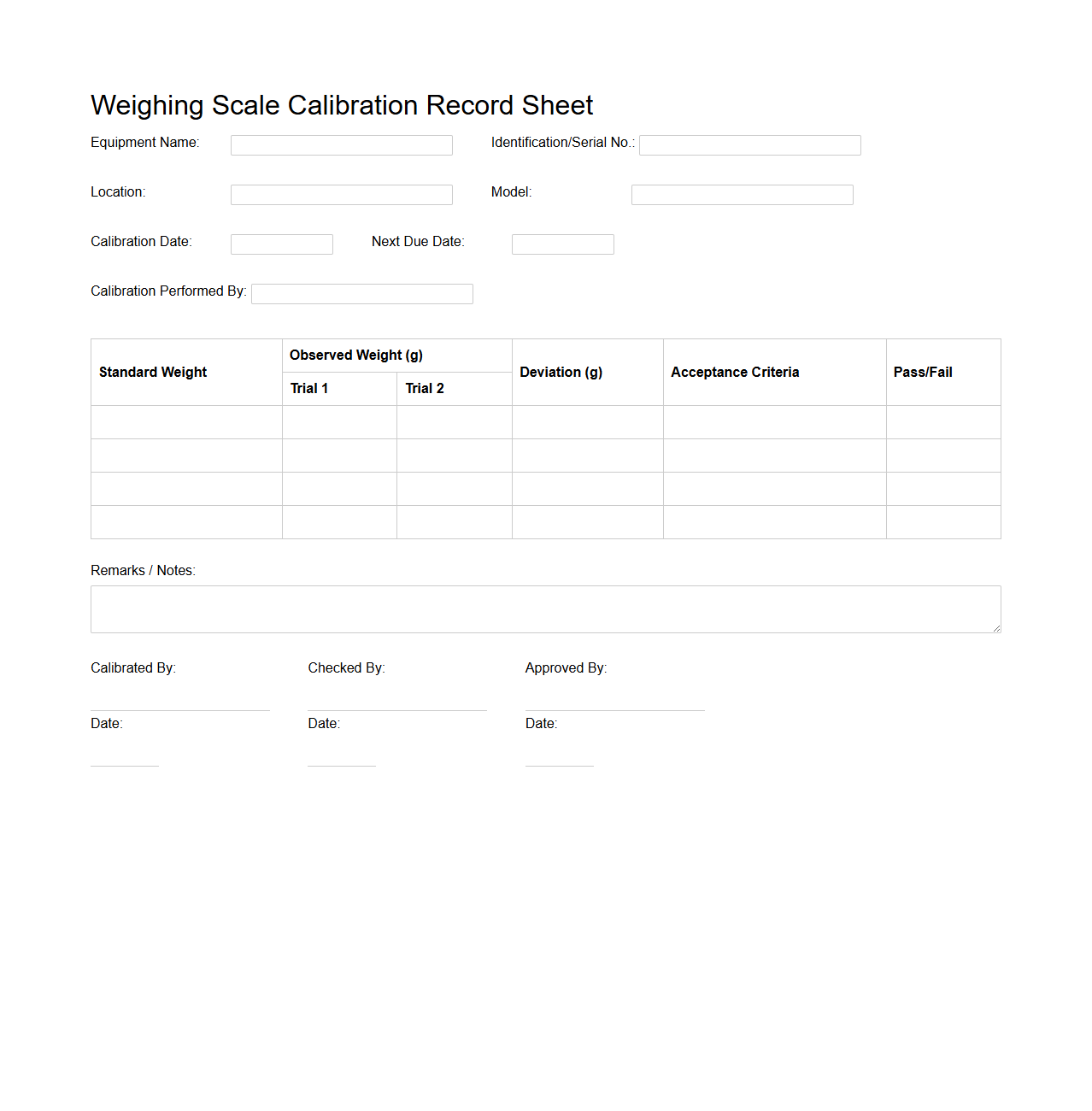 Weighing Scale Calibration Record Sheet