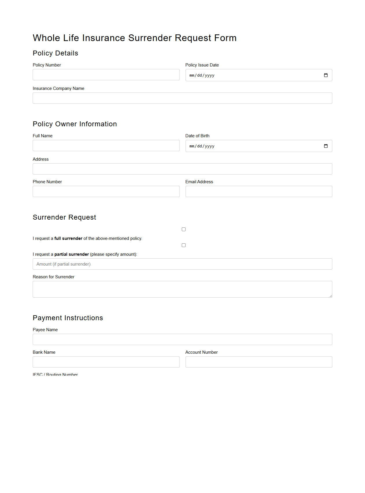 Whole Life Insurance Surrender Request Form Sample