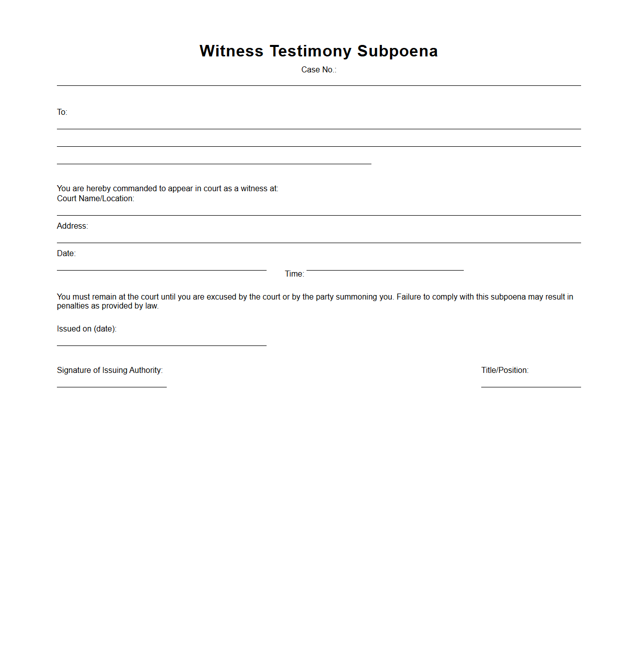 Witness Testimony Subpoena Sample