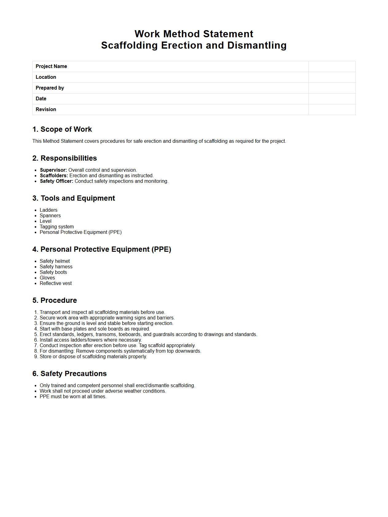 Work Method Statement for Scaffolding Erection and Dismantling