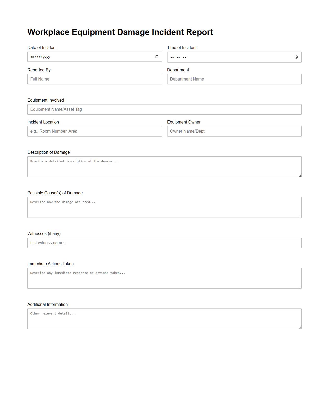 Workplace Equipment Damage Incident Report
