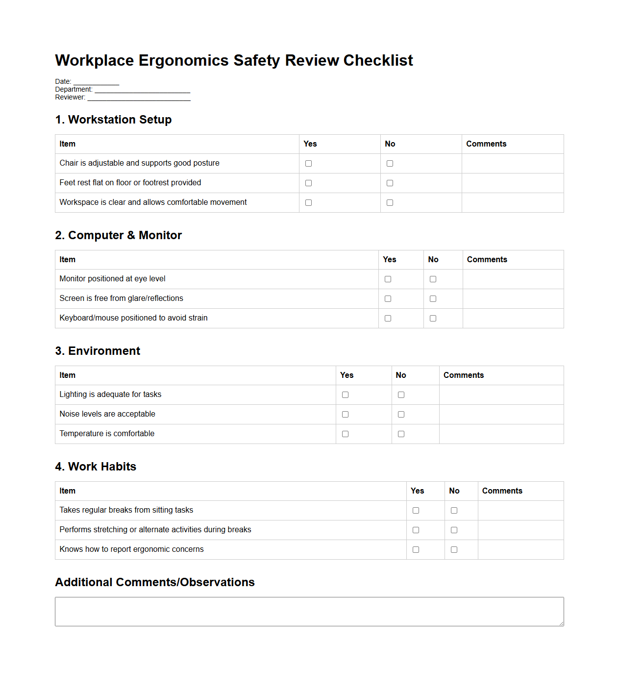 Workplace Ergonomics Safety Review Checklist