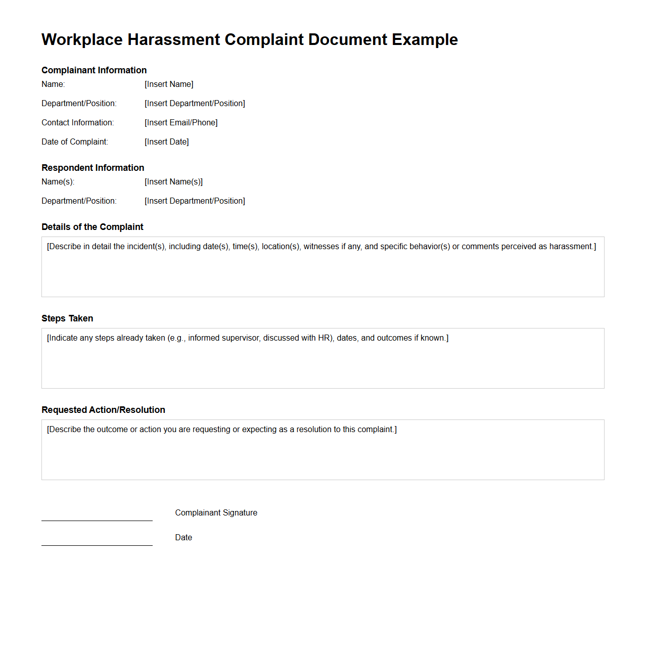 Workplace Harassment Complaint Document Example