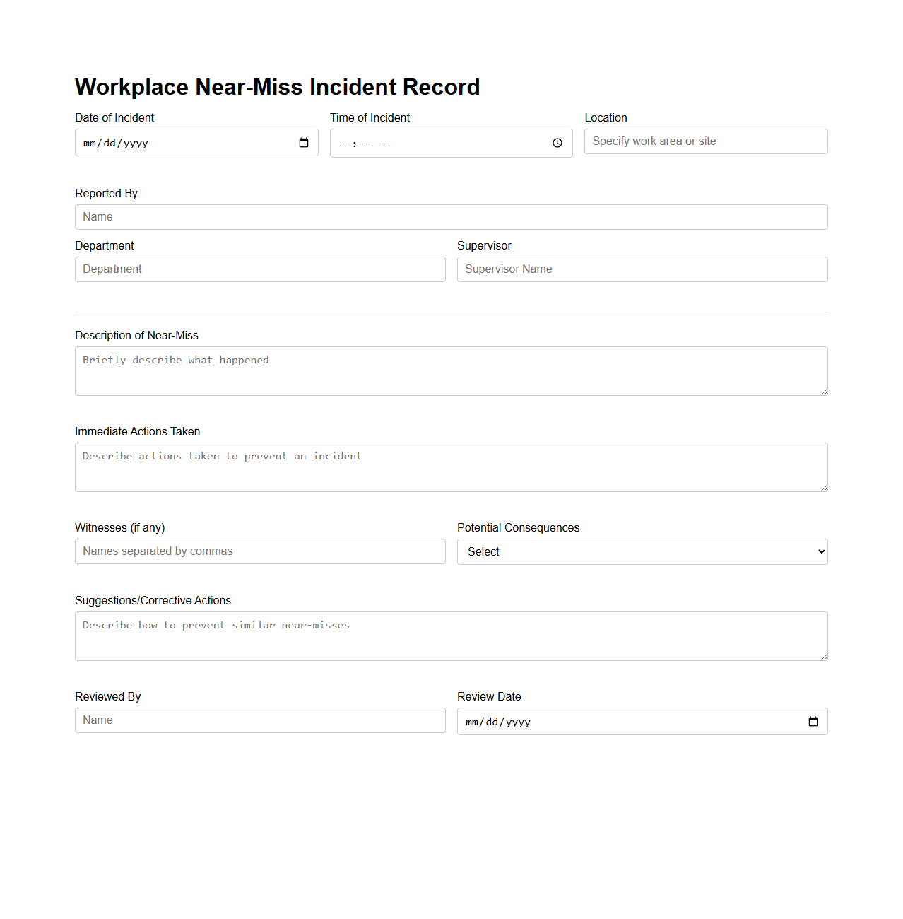 Workplace Near-Miss Incident Record