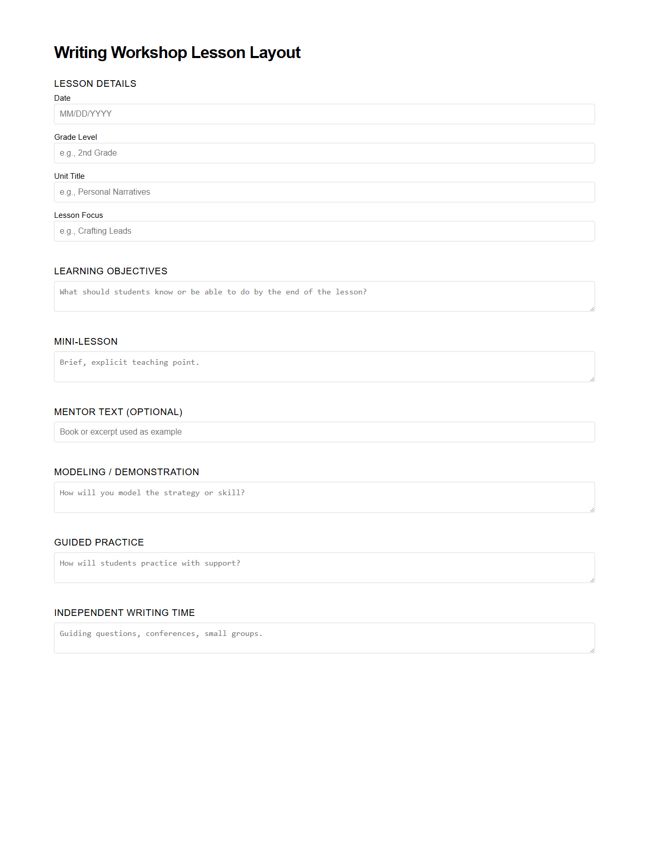 Writing Workshop Lesson Layout for Elementary Teachers