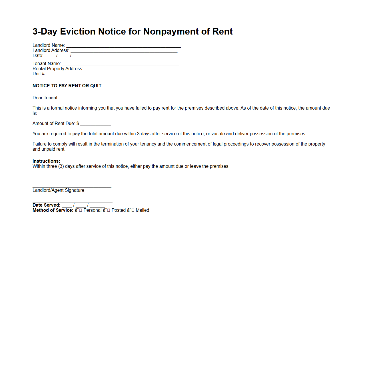 3-Day Eviction Notice for Nonpayment of Rent