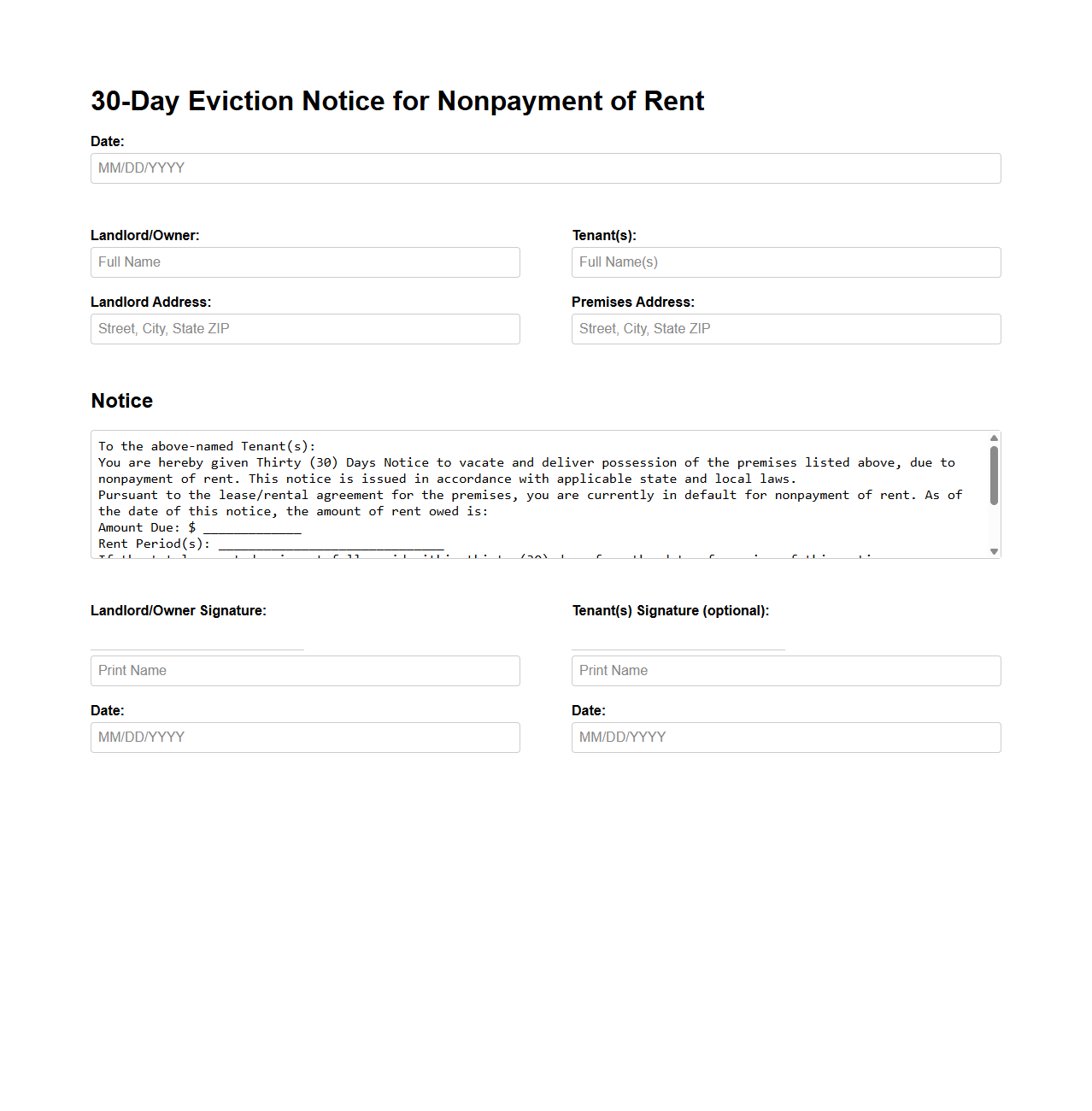 30-Day Eviction Notice for Nonpayment of Rent