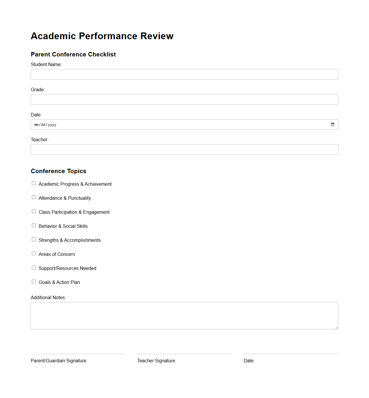Academic Performance Review Parent Conference Checklist