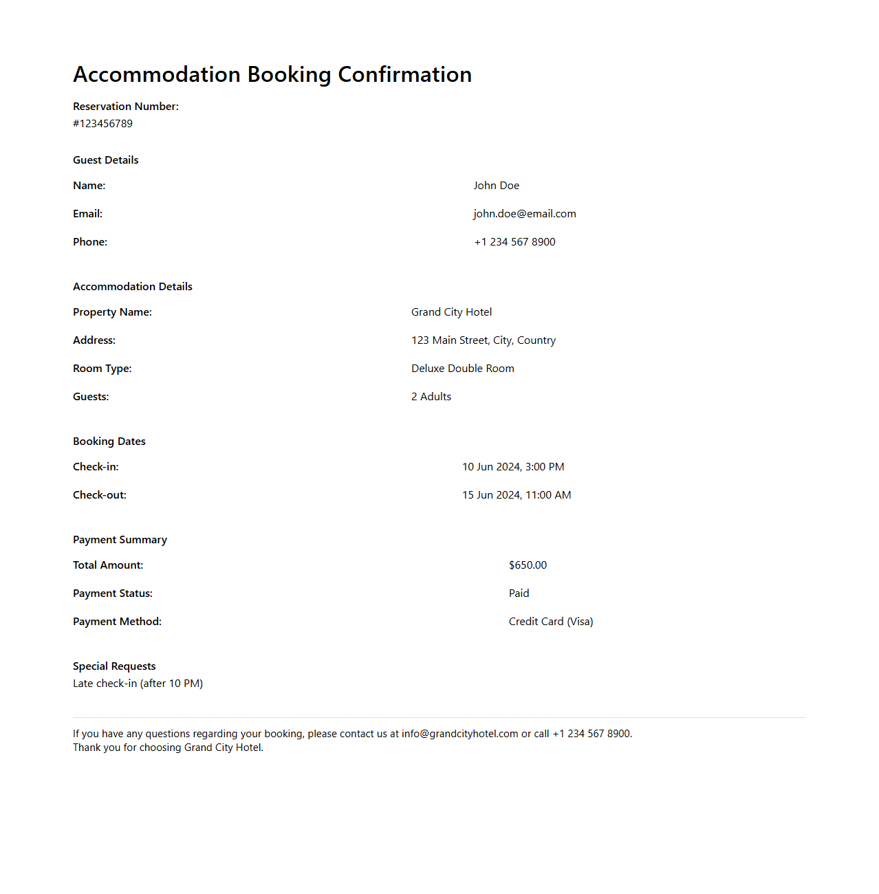 Accommodation Booking Confirmation Document