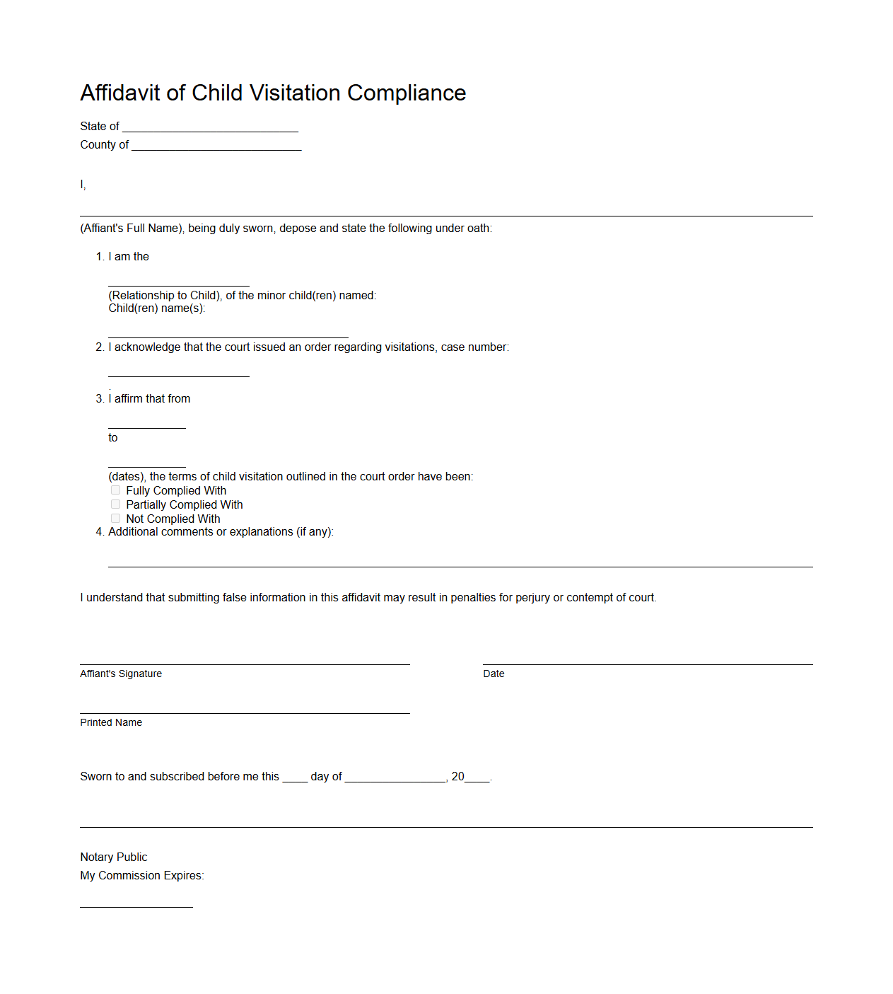 Affidavit of Child Visitation Compliance