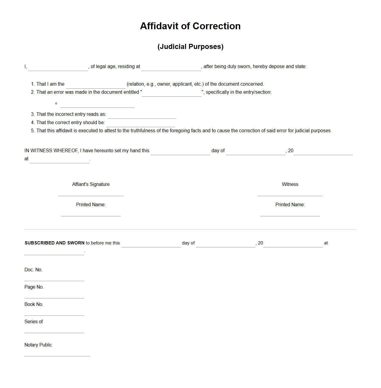 Affidavit of Correction Template for Judicial Purposes