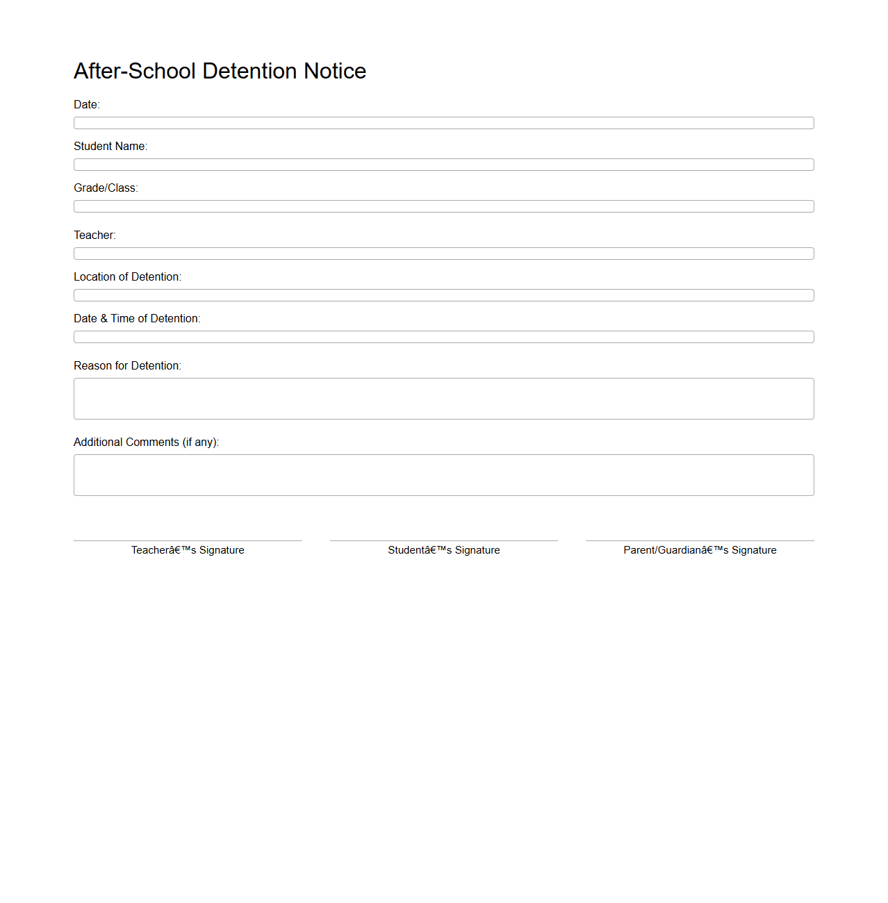 After-School Detention Notice Format