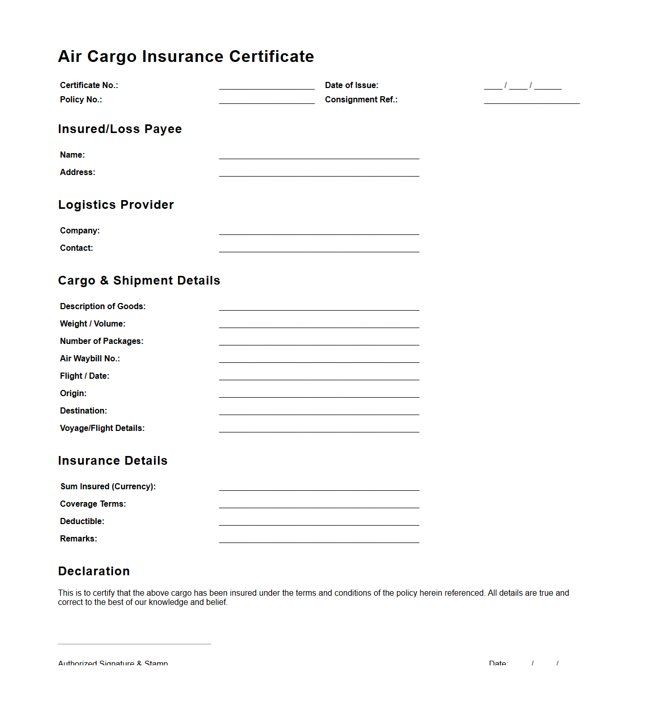 Air Cargo Insurance Certificate Template for Logistics Providers