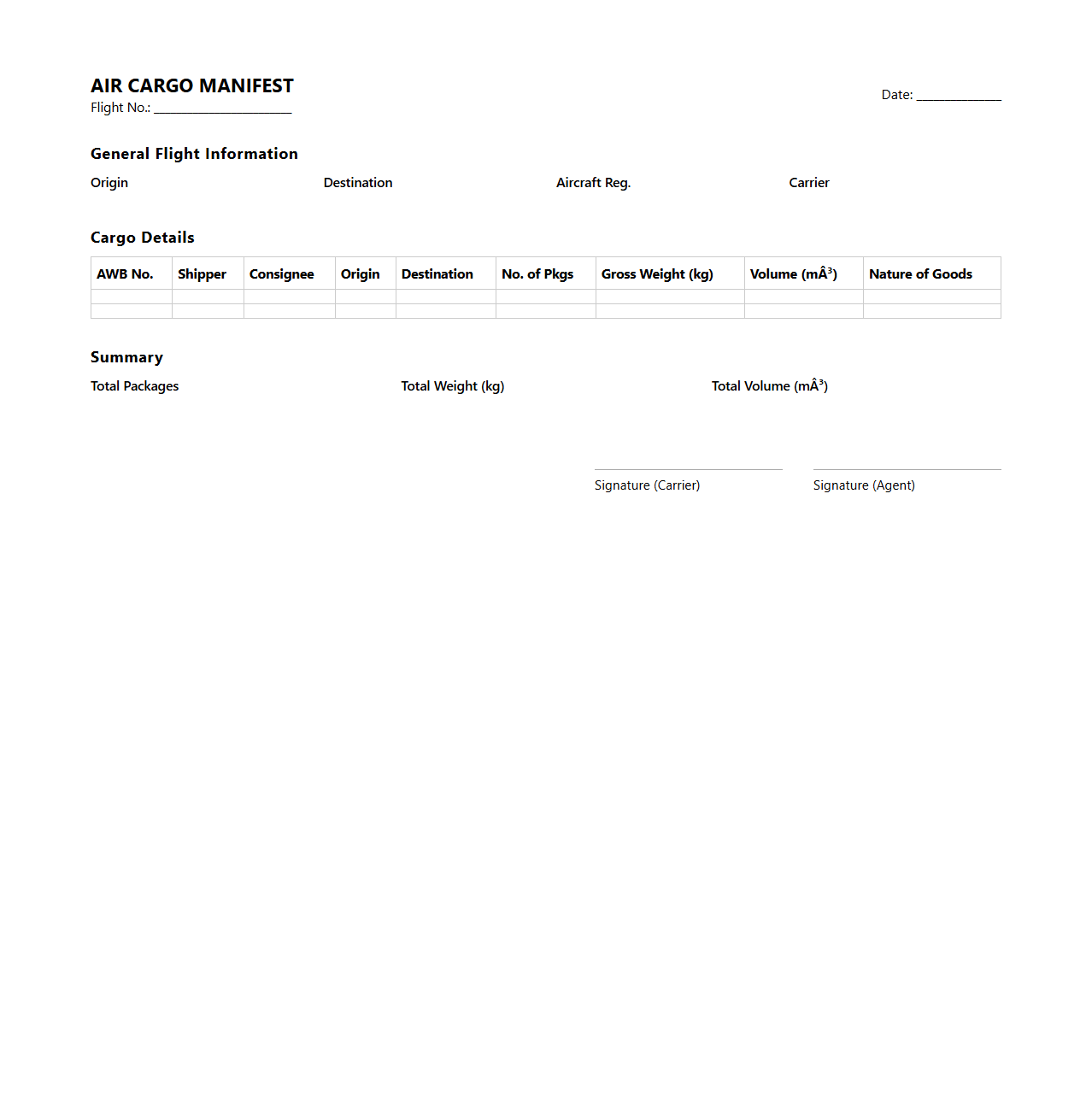 Air Cargo Manifest Layout Example