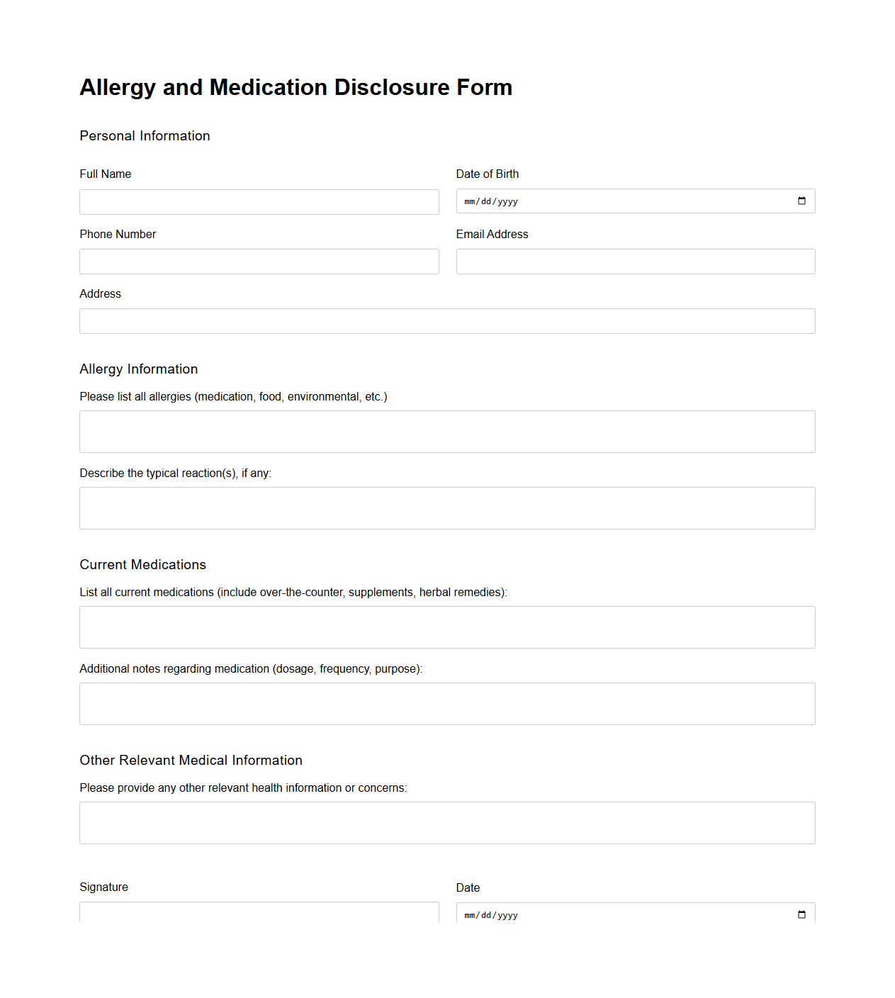 Allergy and Medication Disclosure Form