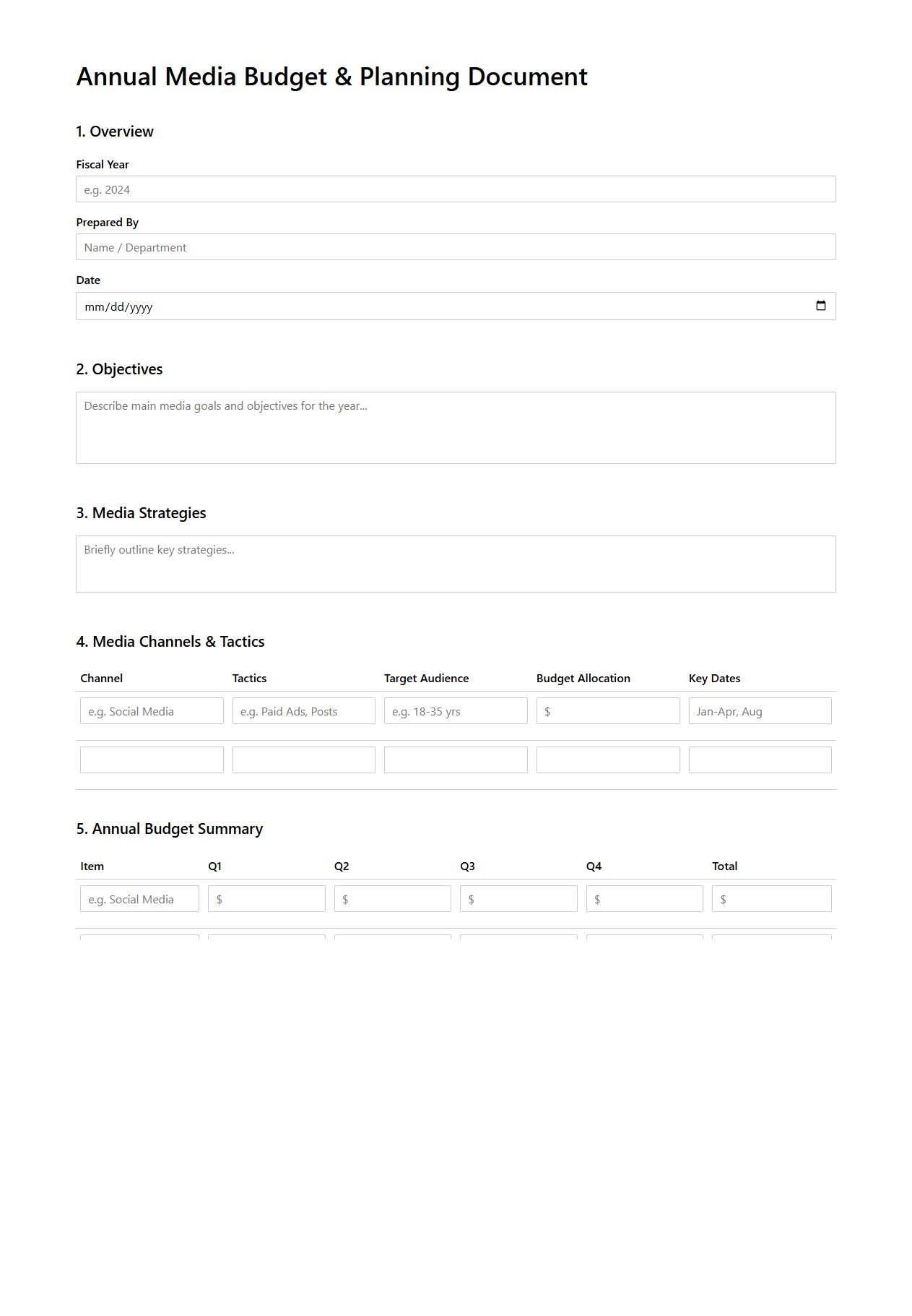 Annual Media Budget and Planning Document