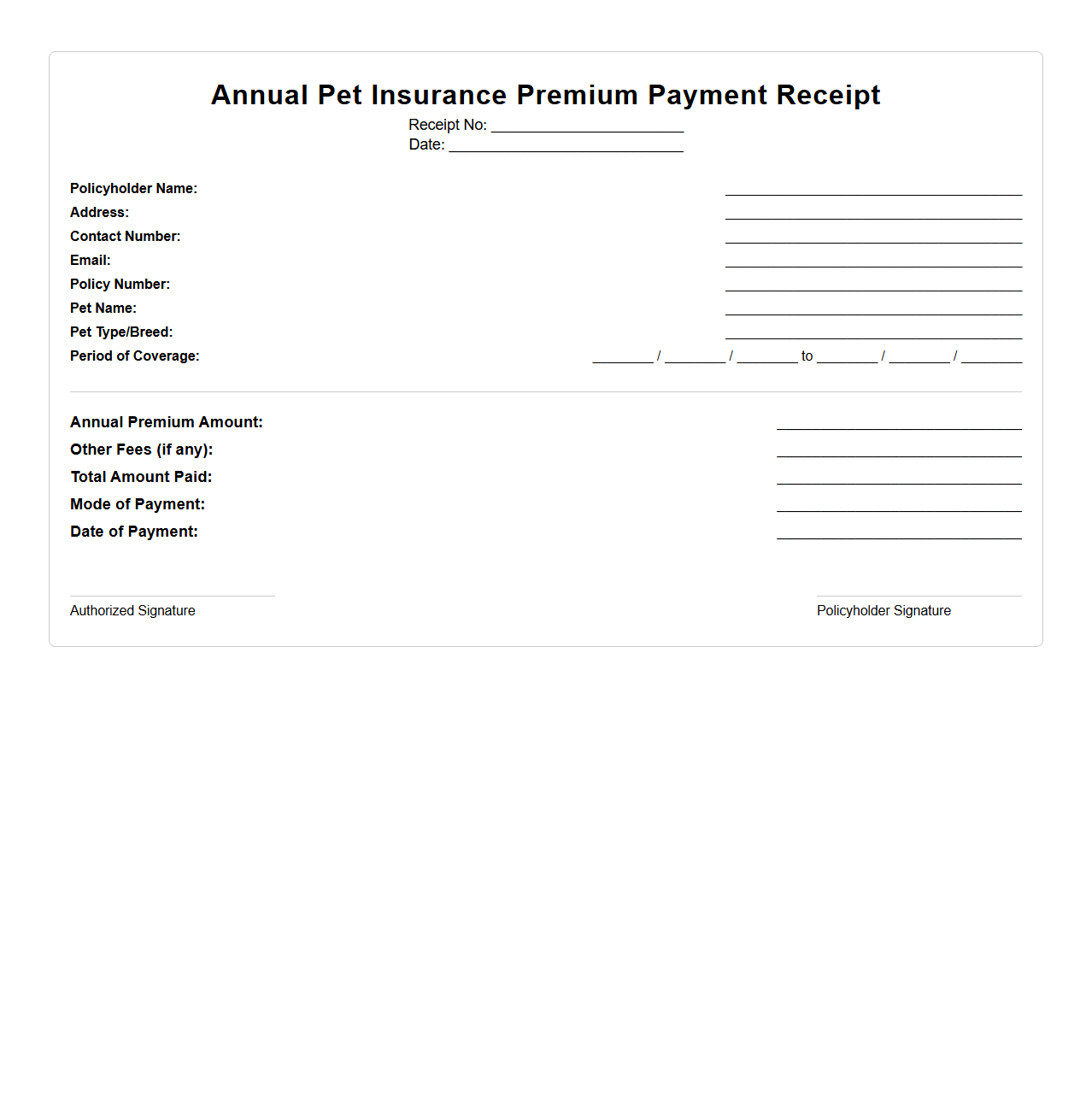 Annual Pet Insurance Premium Payment Receipt