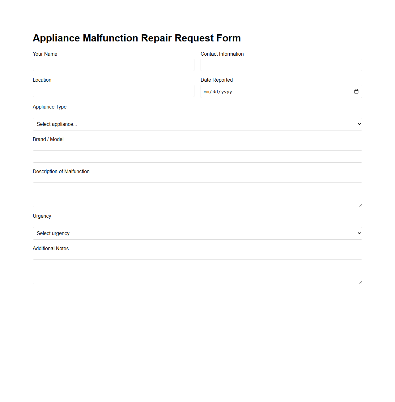 Appliance Malfunction Repair Request Form