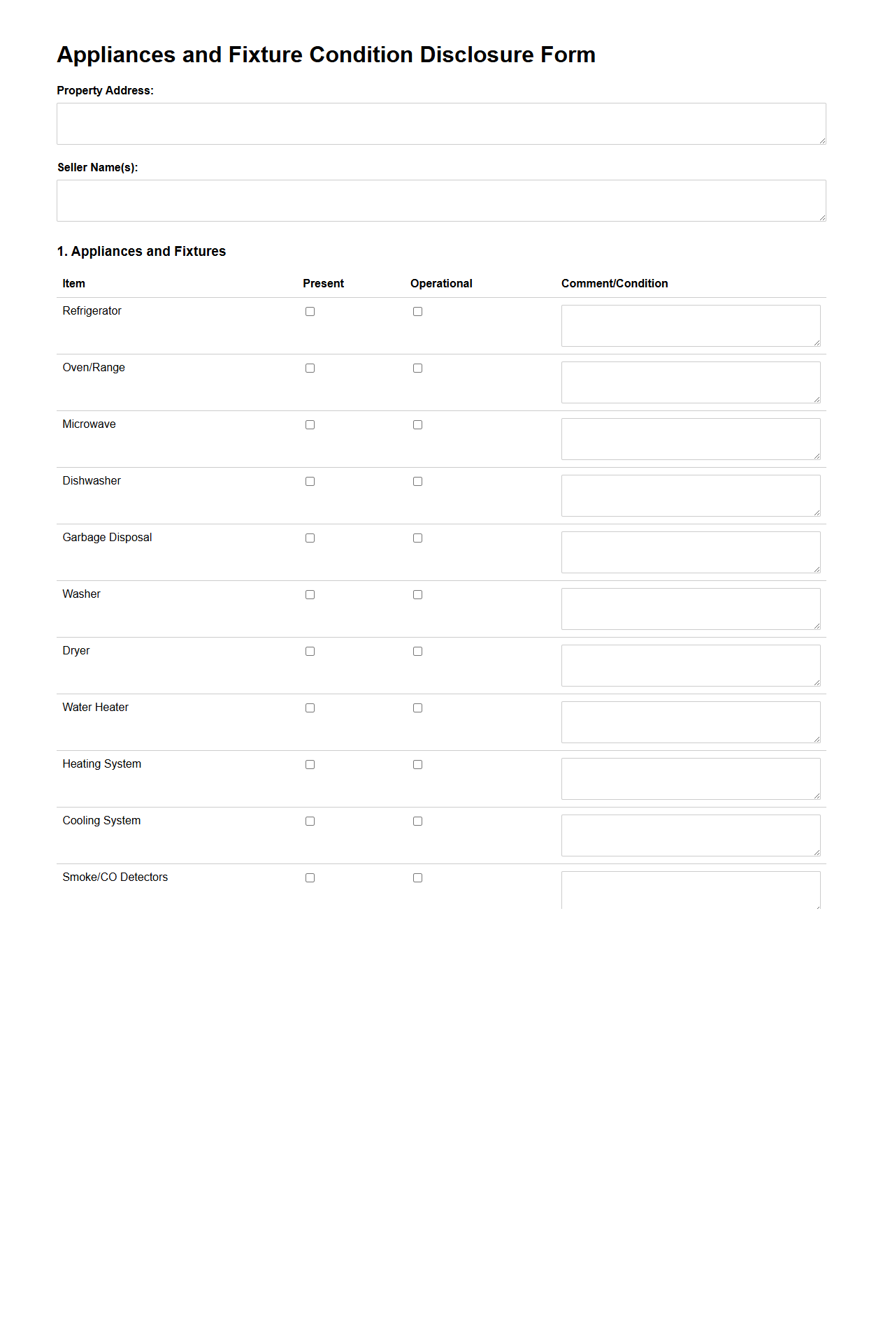 Appliances and Fixture Condition Disclosure Form