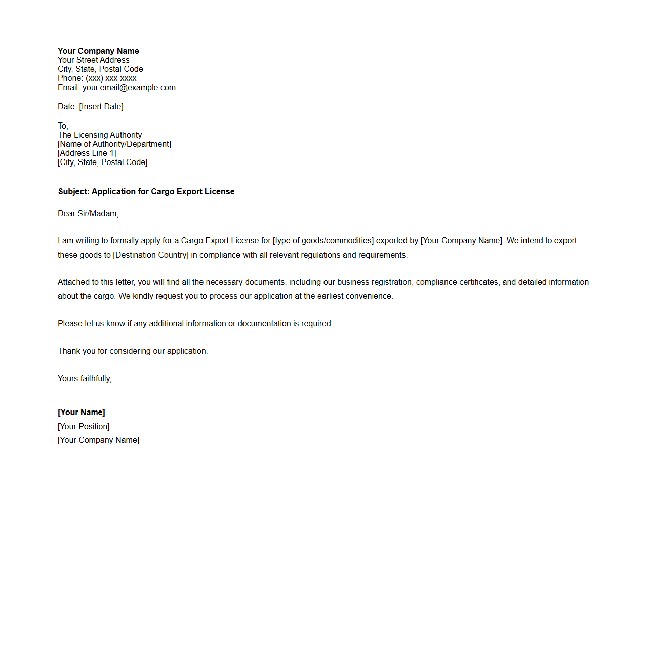 Application Cover Letter for Cargo Export Licensing