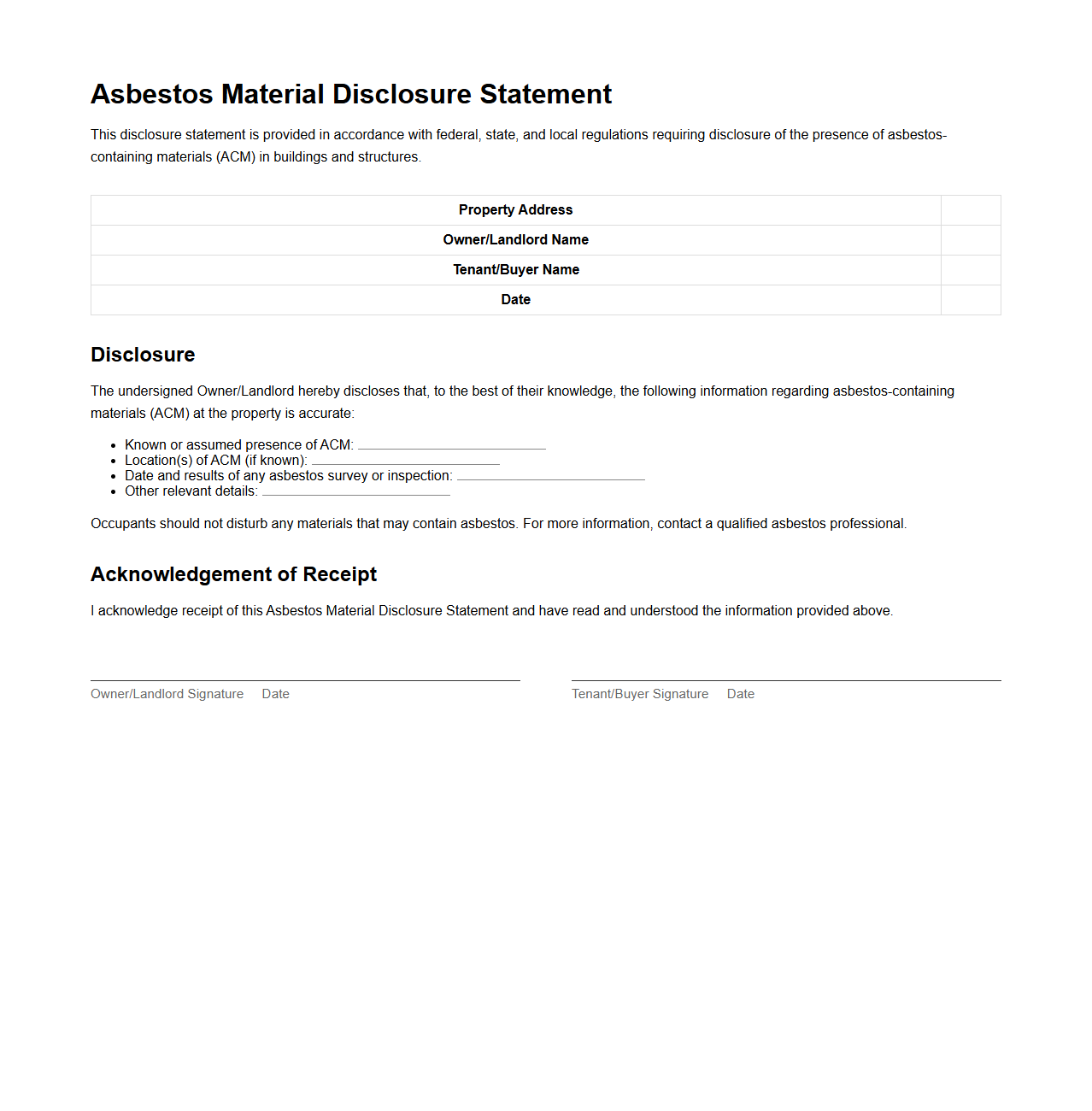 Asbestos Material Disclosure Statement Example