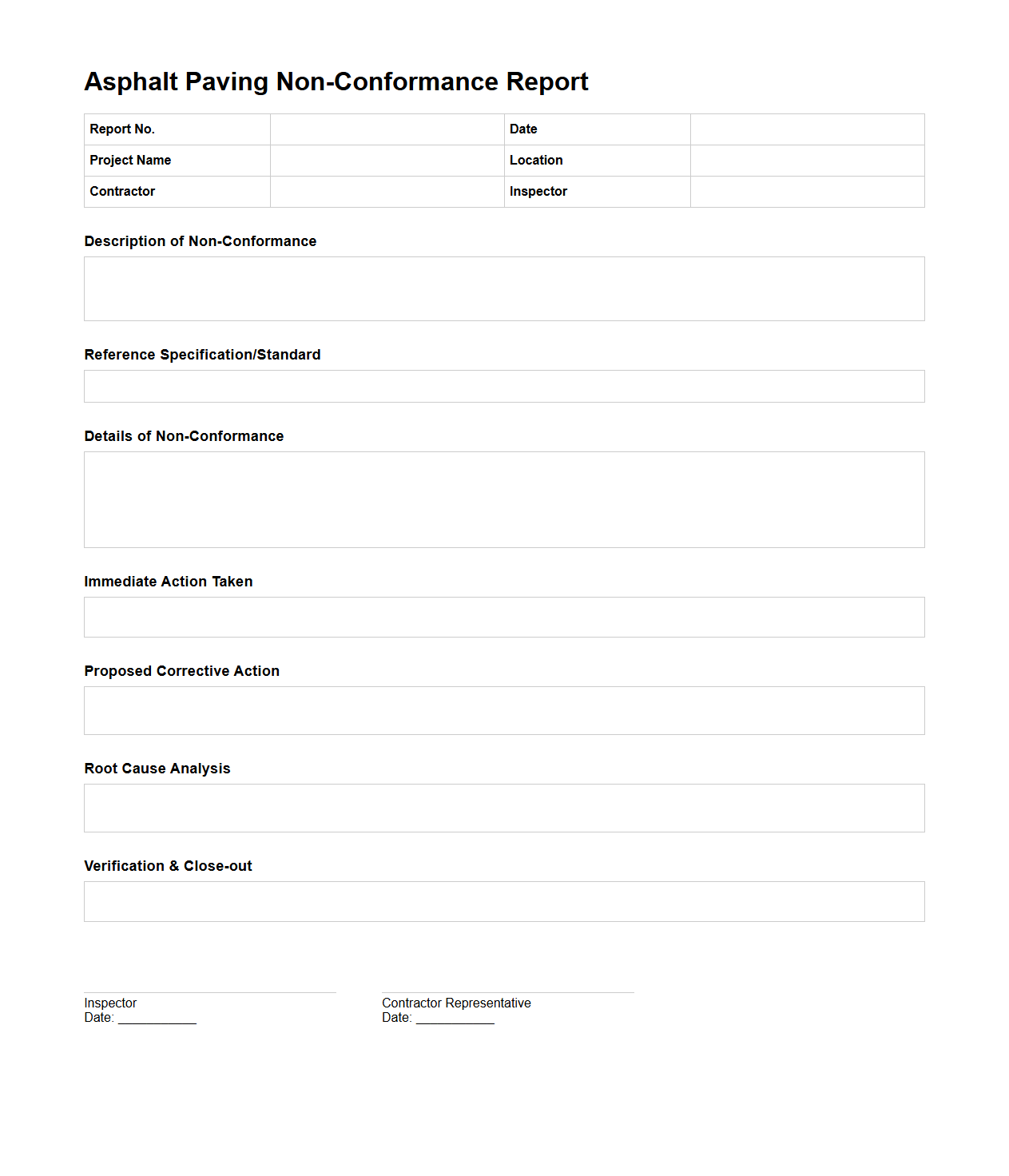 Asphalt Paving Non-Conformance Report Sample