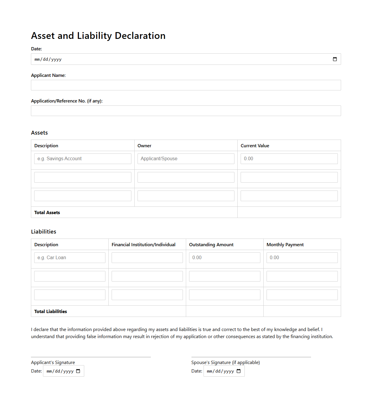 Asset and Liability Declaration for Home Financing