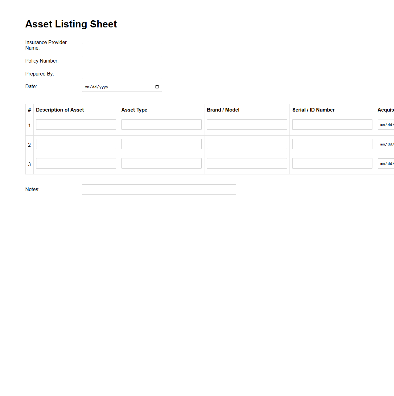 Asset Listing Sheet for Insurance Providers
