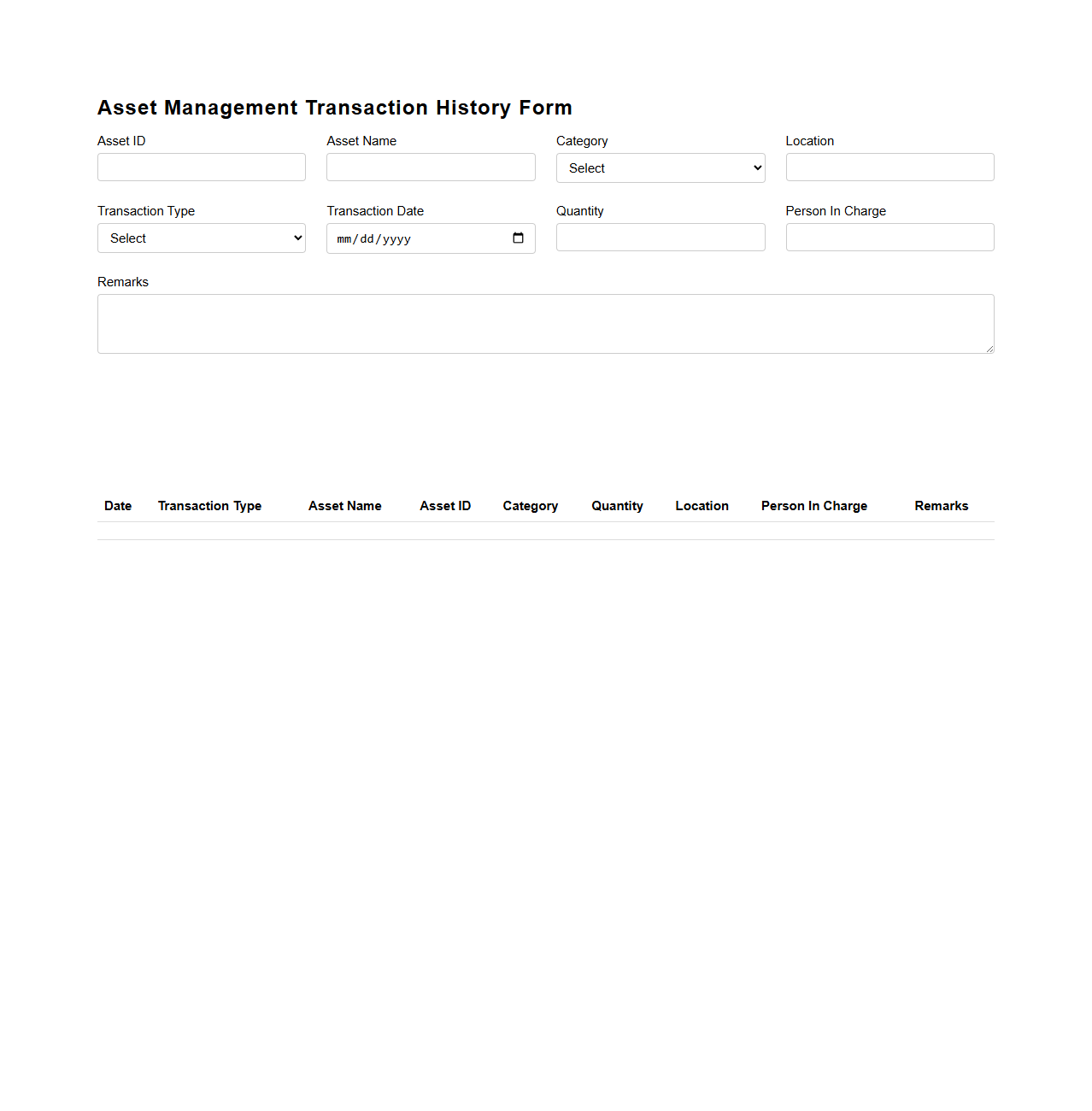 Asset Management Transaction History Form