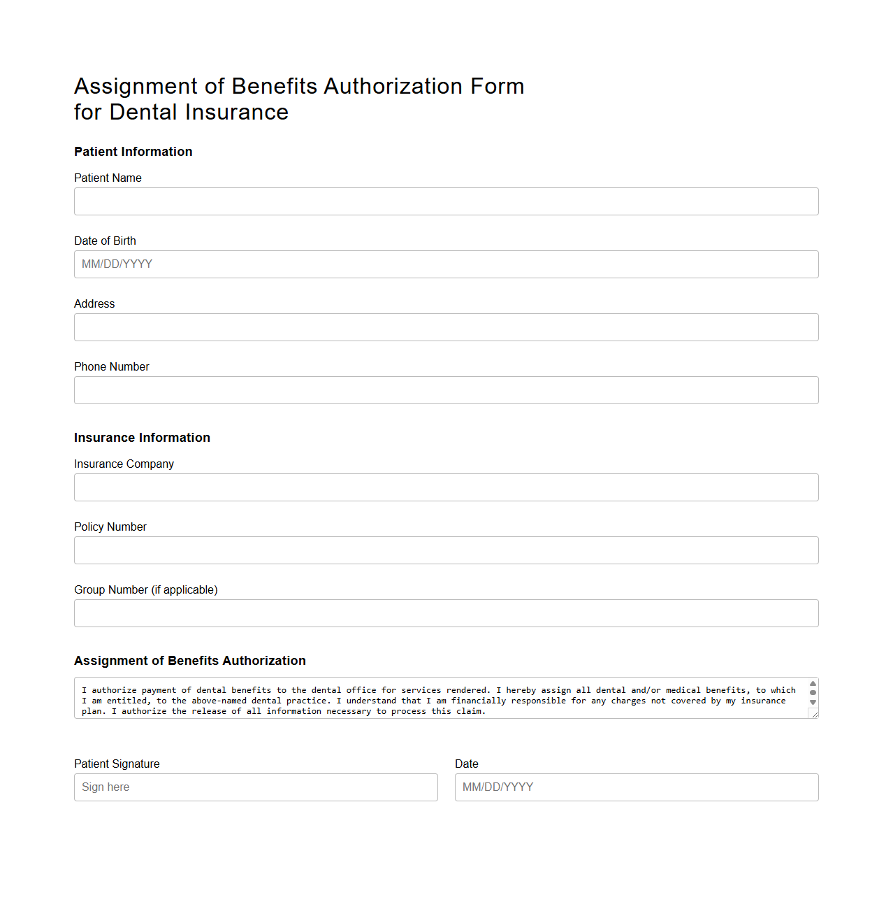 Assignment of Benefits Authorization Form for Dental Insurance