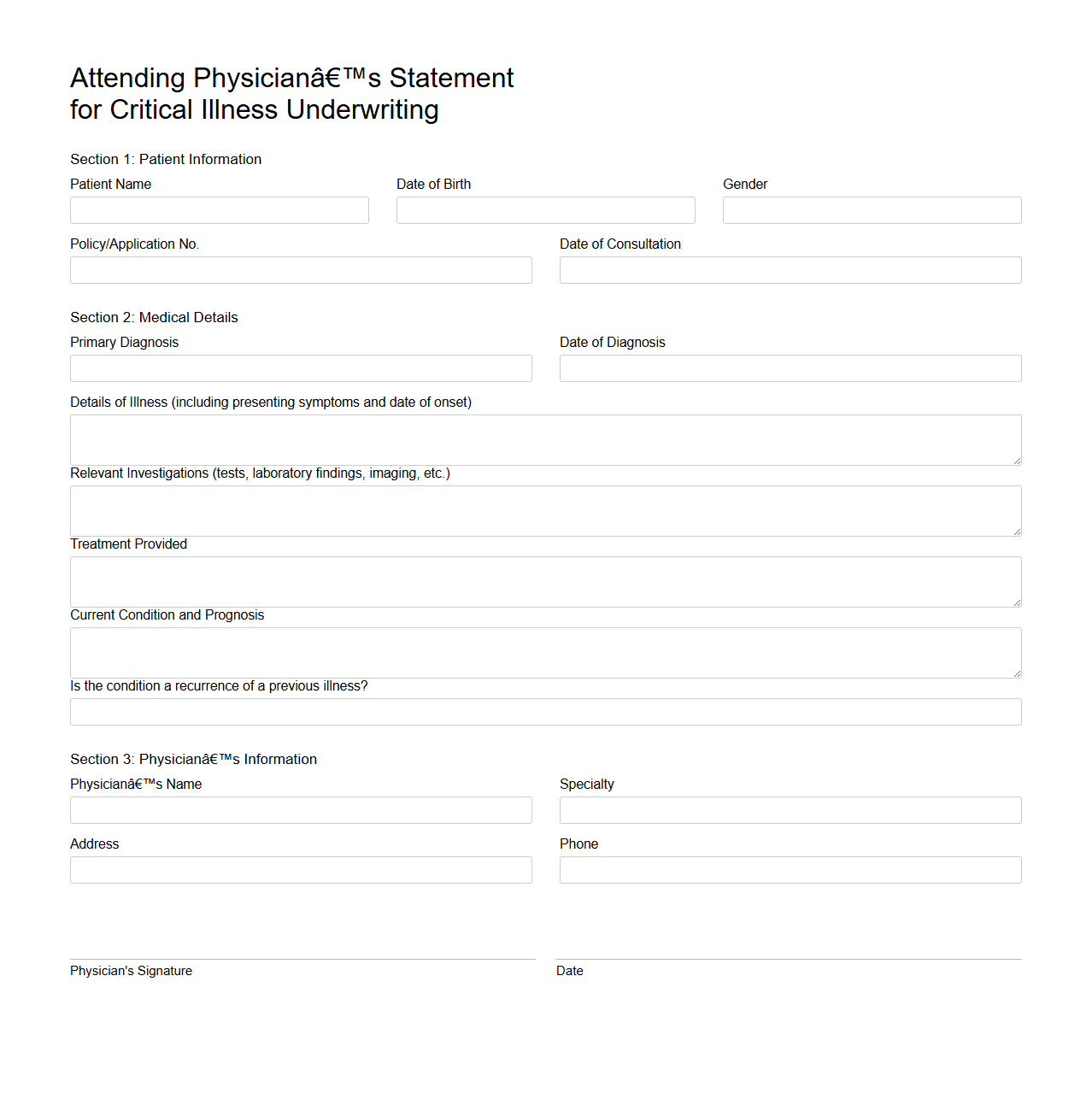 Attending Physician’s Statement for Critical Illness Underwriting