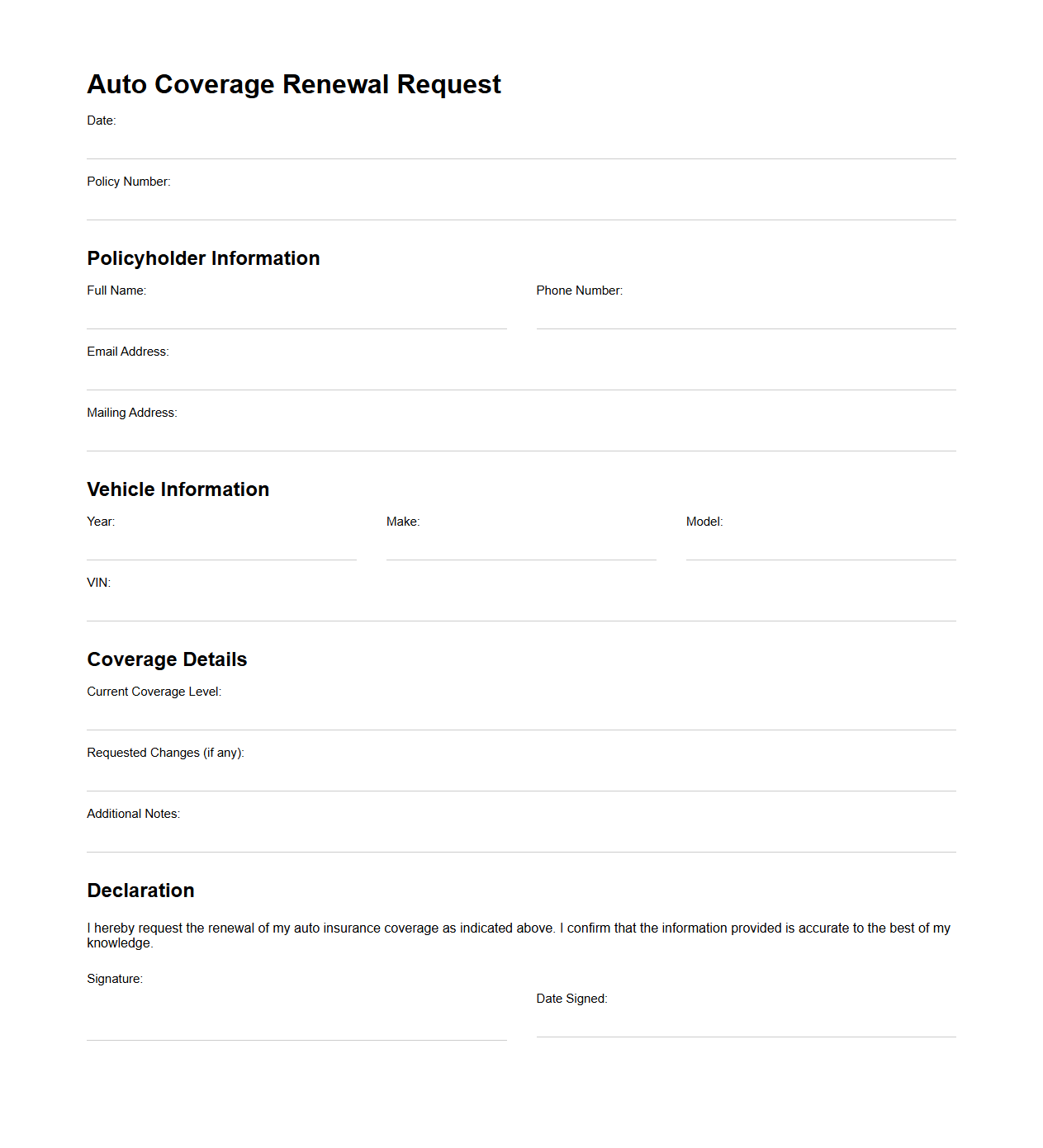Auto Coverage Renewal Request Document Example