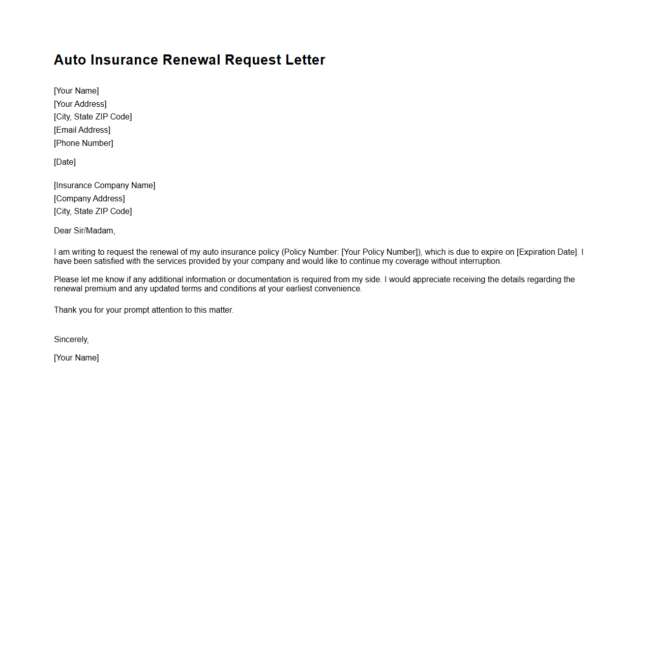 Auto Insurance Renewal Request Letter Template