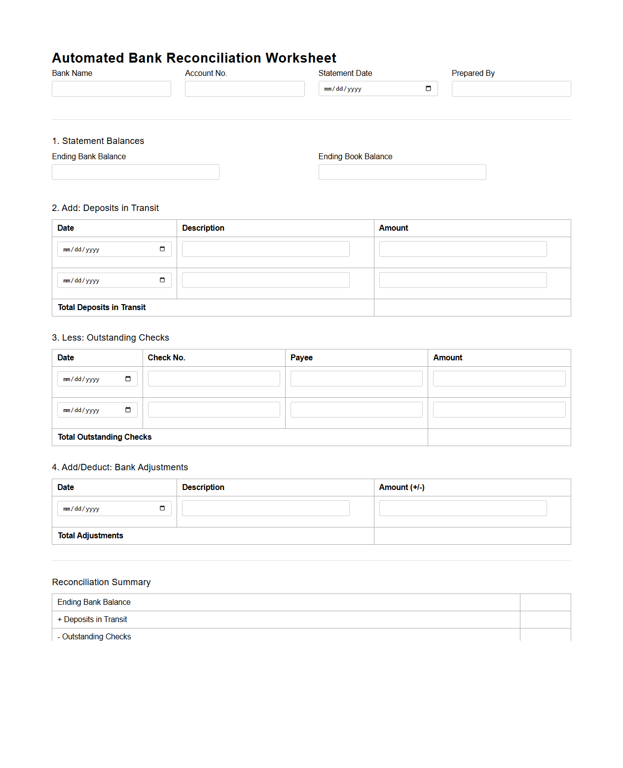 Automated Bank Reconciliation Worksheet