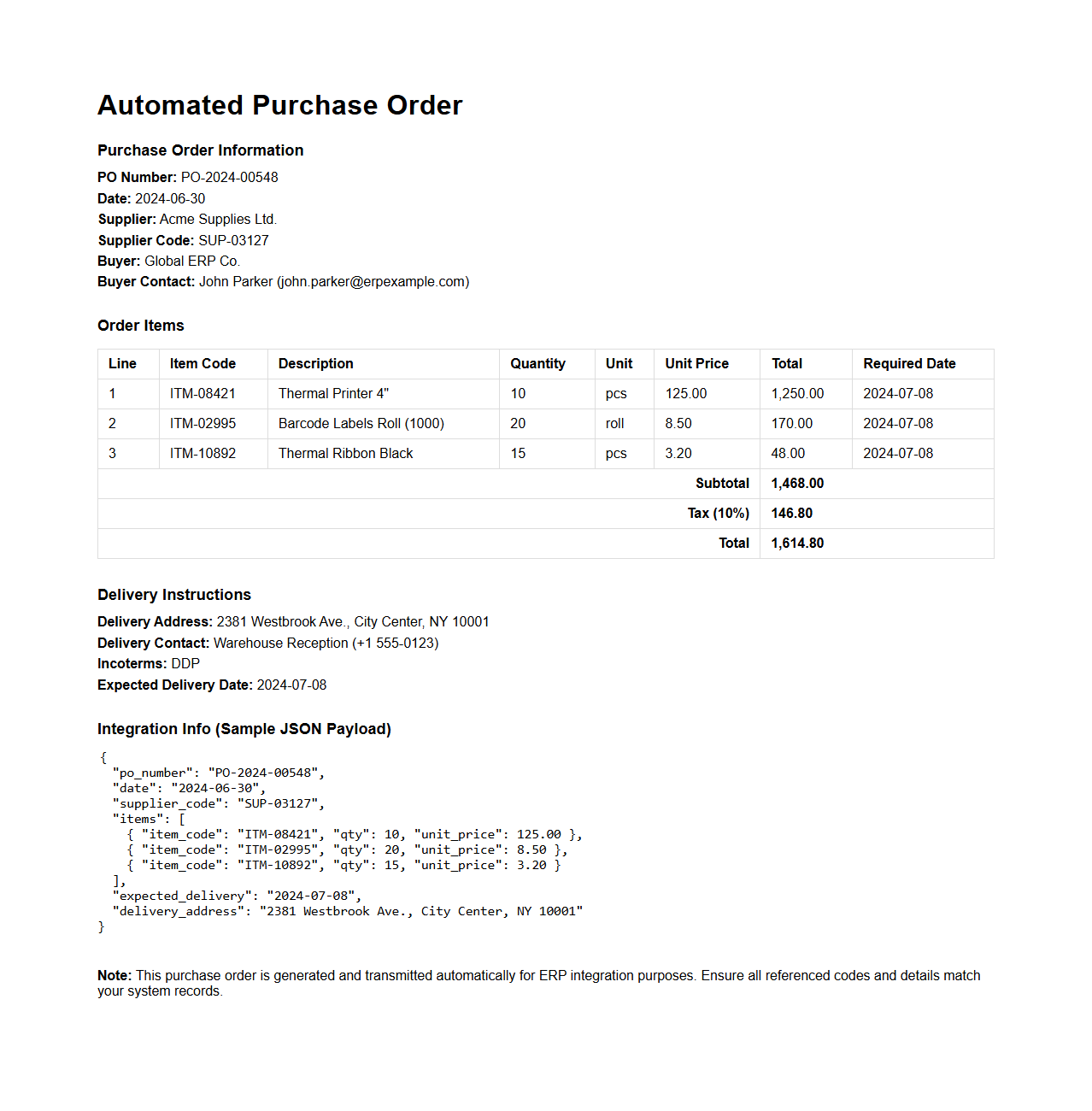 Automated Purchase Order Sample for ERP Integration