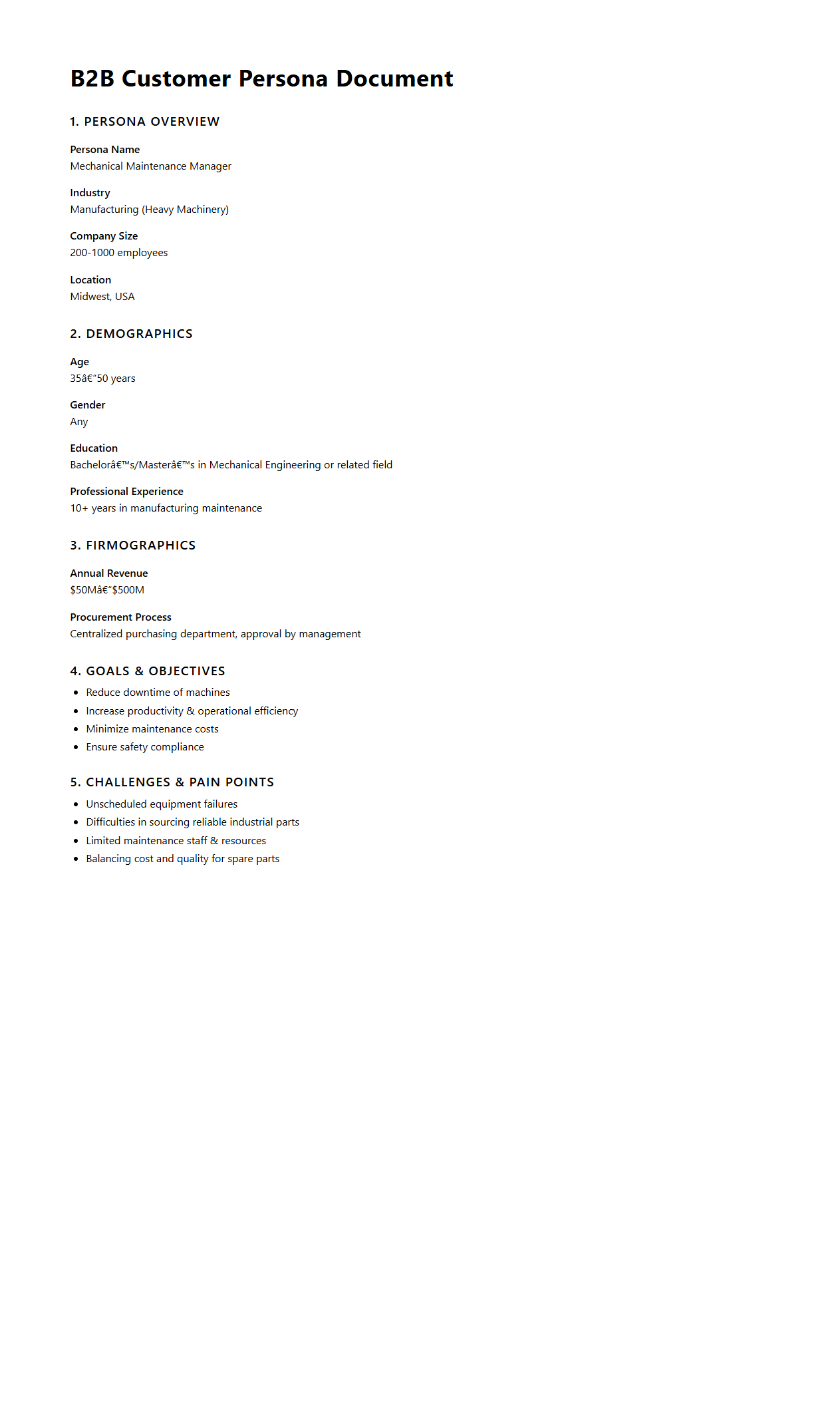 B2B Customer Persona Document Sample for Industrial Marketing