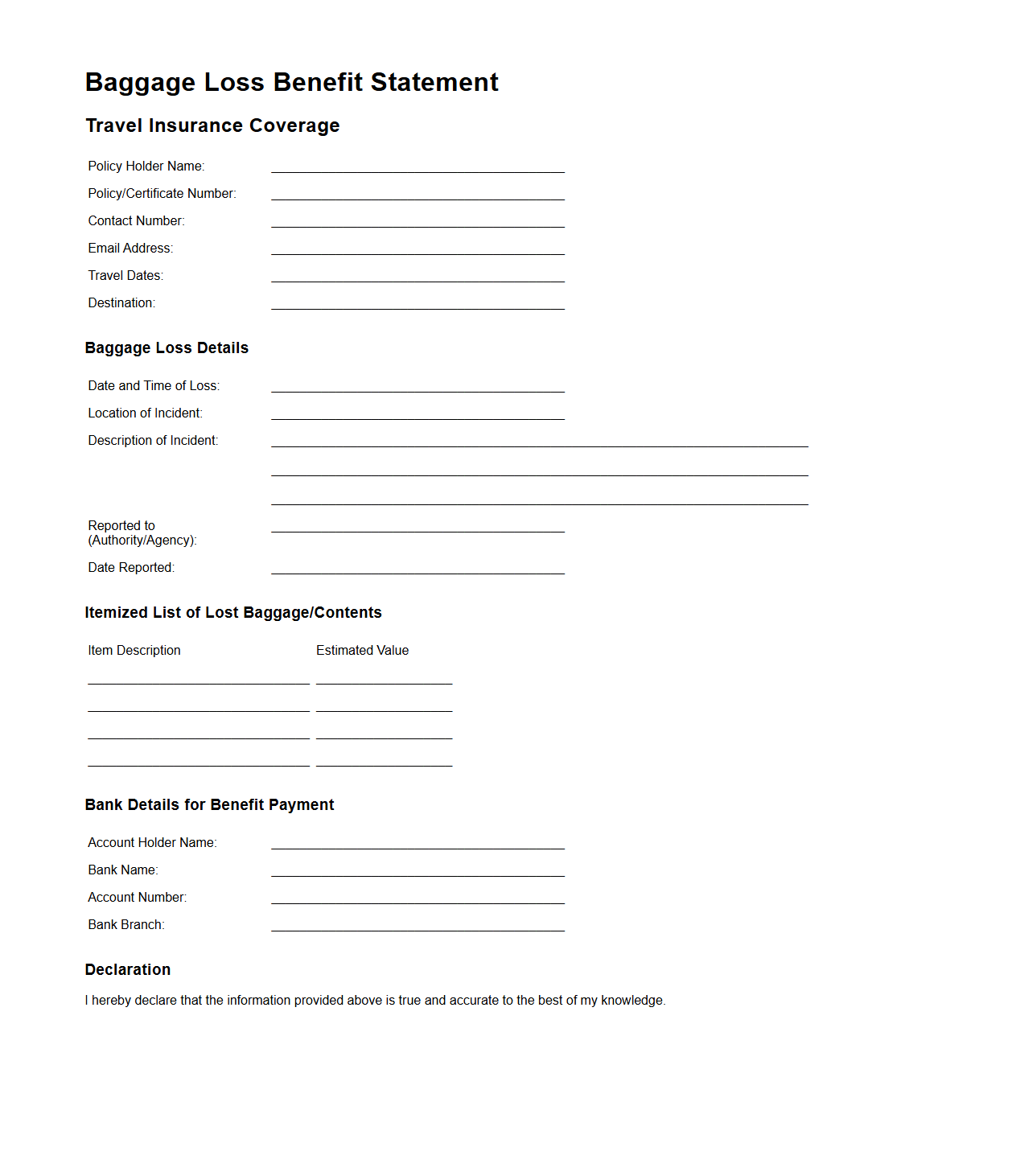 Baggage Loss Benefit Statement for Travel Coverage