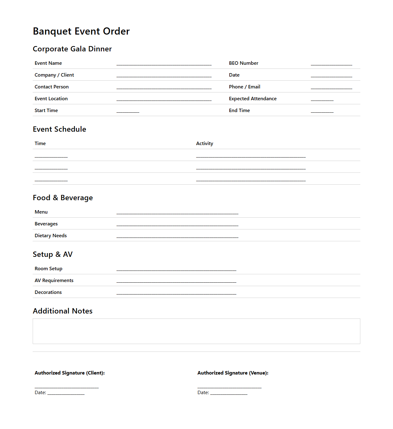 Banquet Event Order for Corporate Gala Dinner