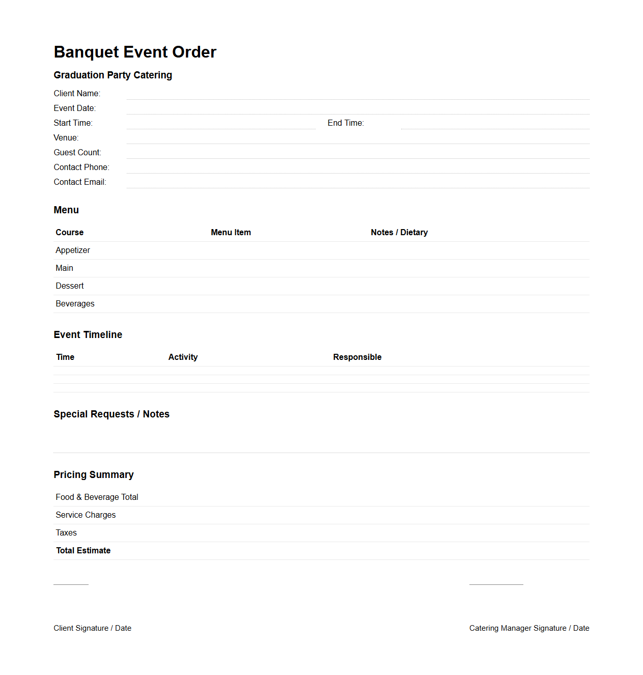 Banquet Event Order for Graduation Party Catering
