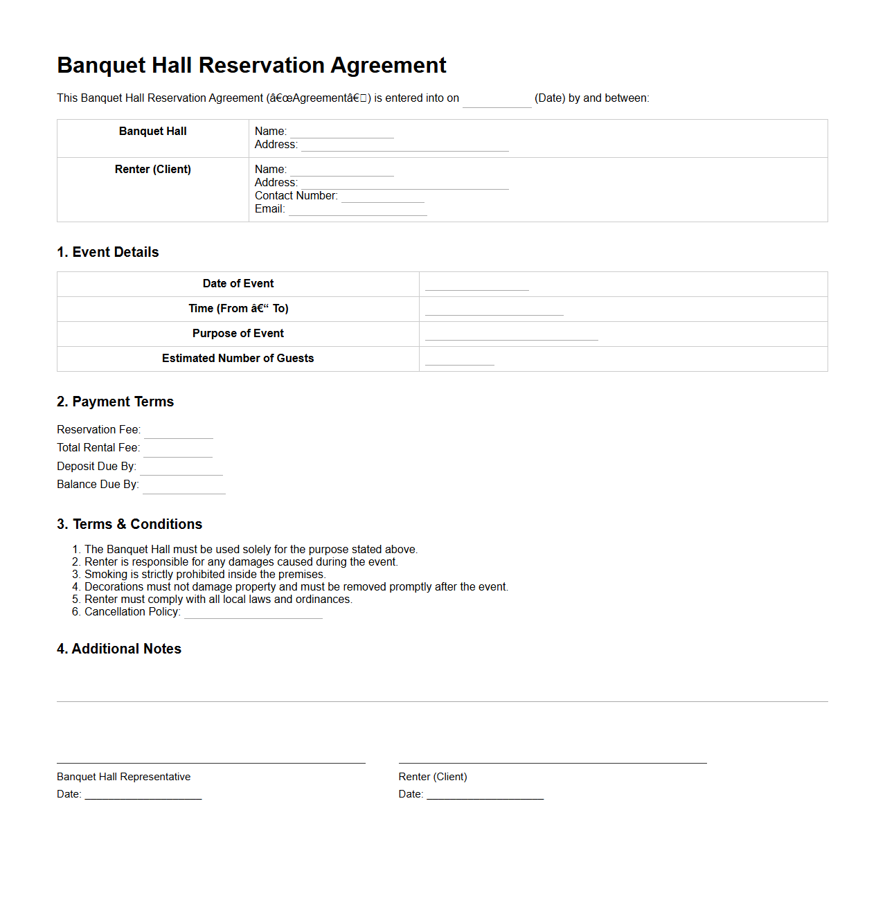 Banquet Hall Reservation Agreement Template