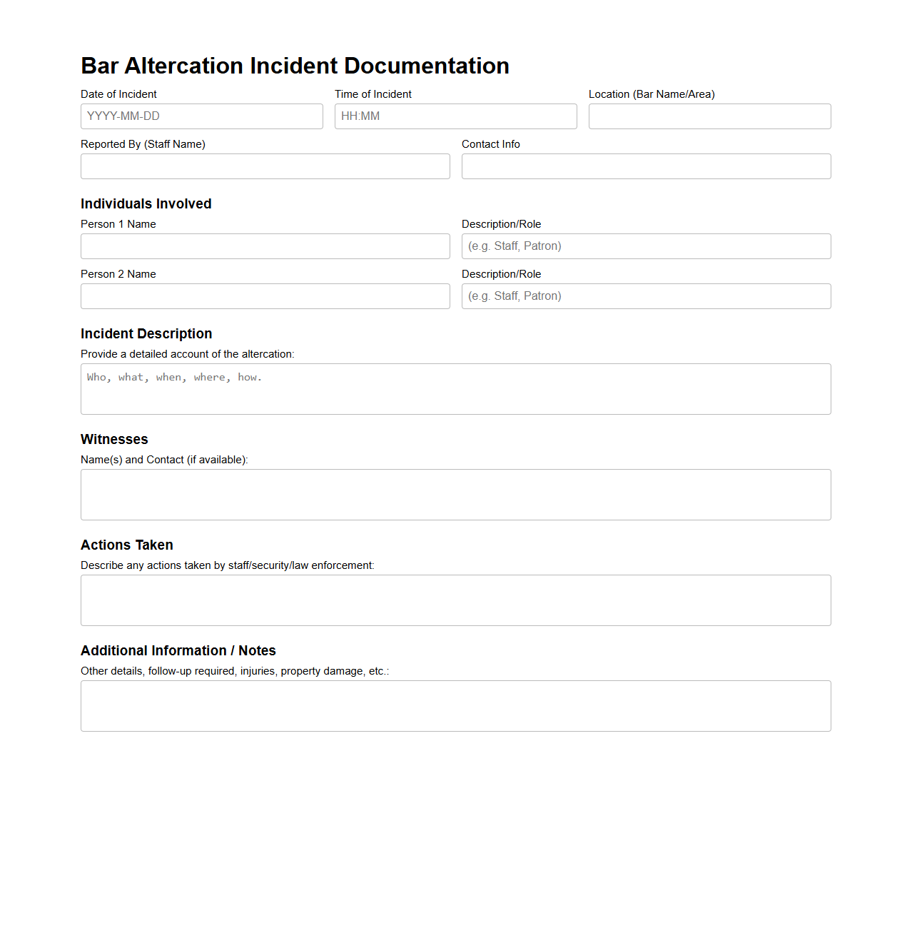 Bar Altercation Incident Documentation Sample