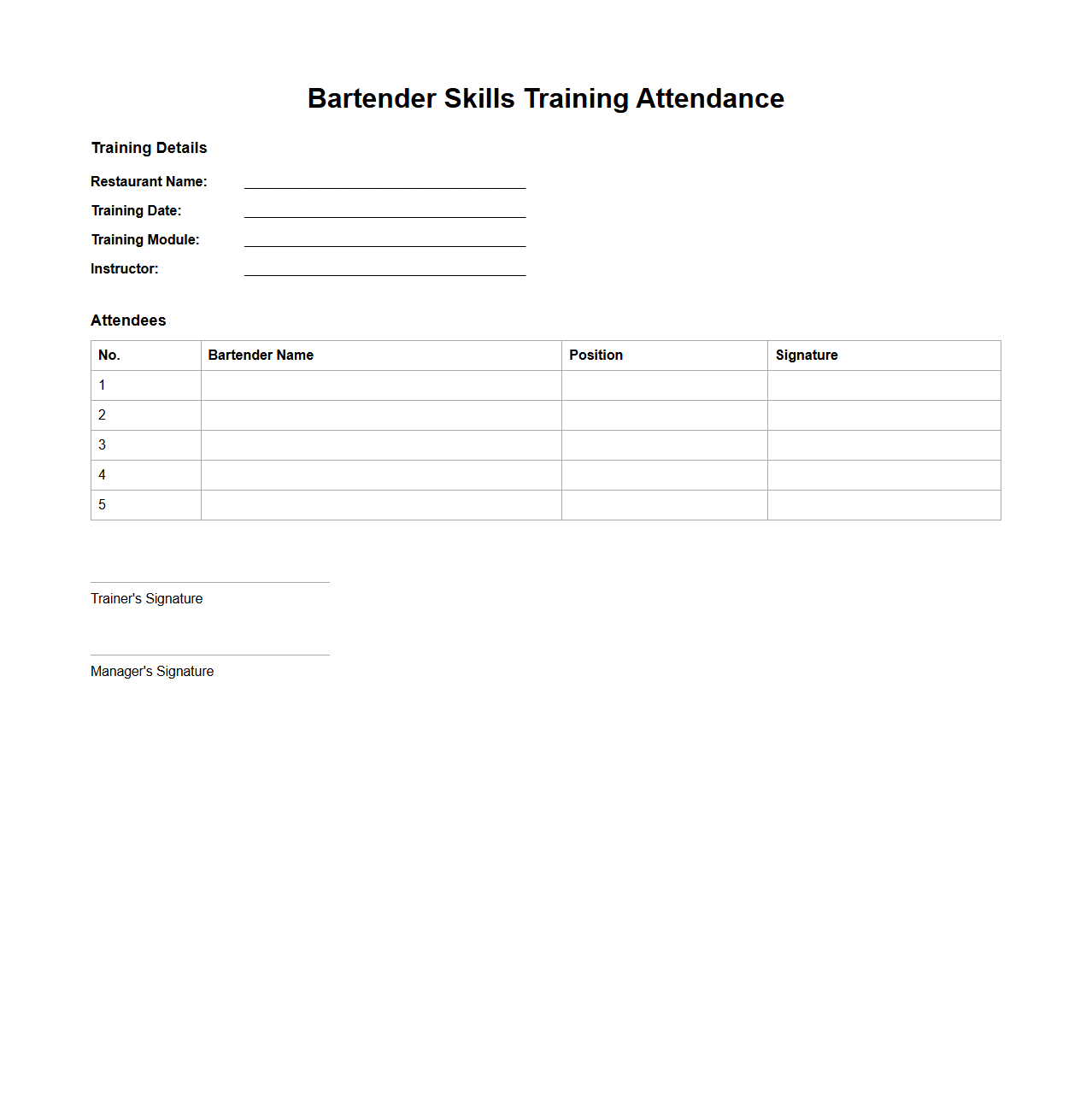 Bartender Skills Training Attendance Document for Restaurants
