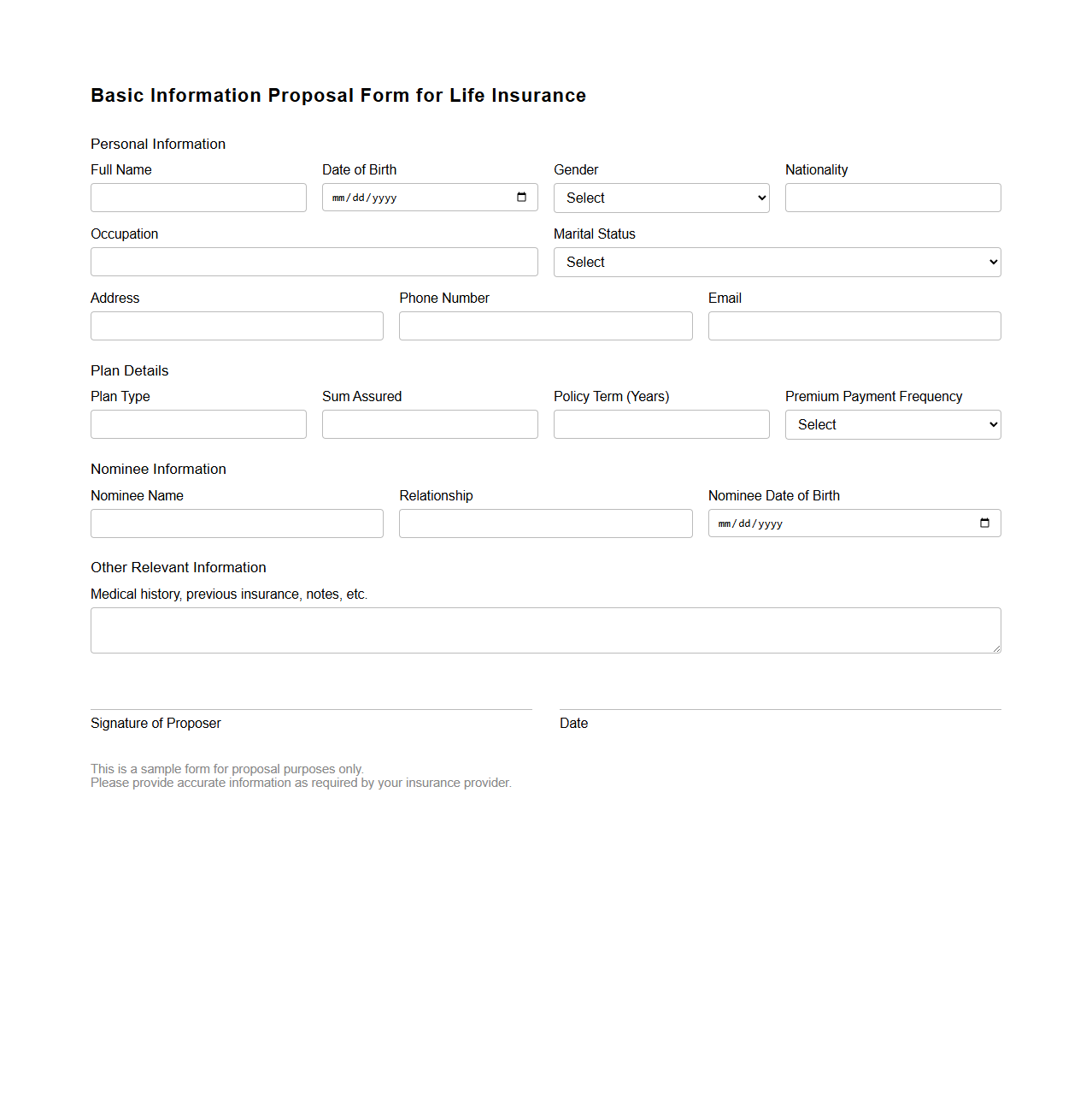 Basic Information Proposal Form for Life Insurance