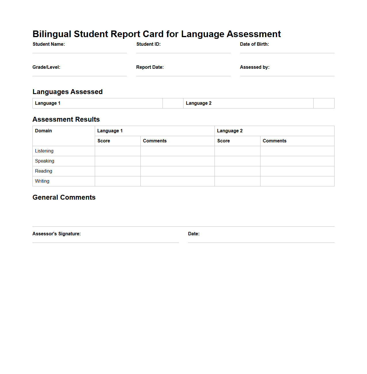 Bilingual Student Report Card Format for Language Assessment
