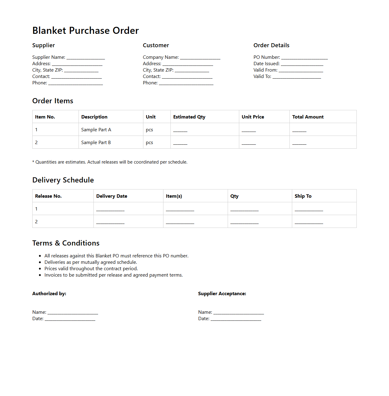 Blanket Purchase Order Example for Manufacturing