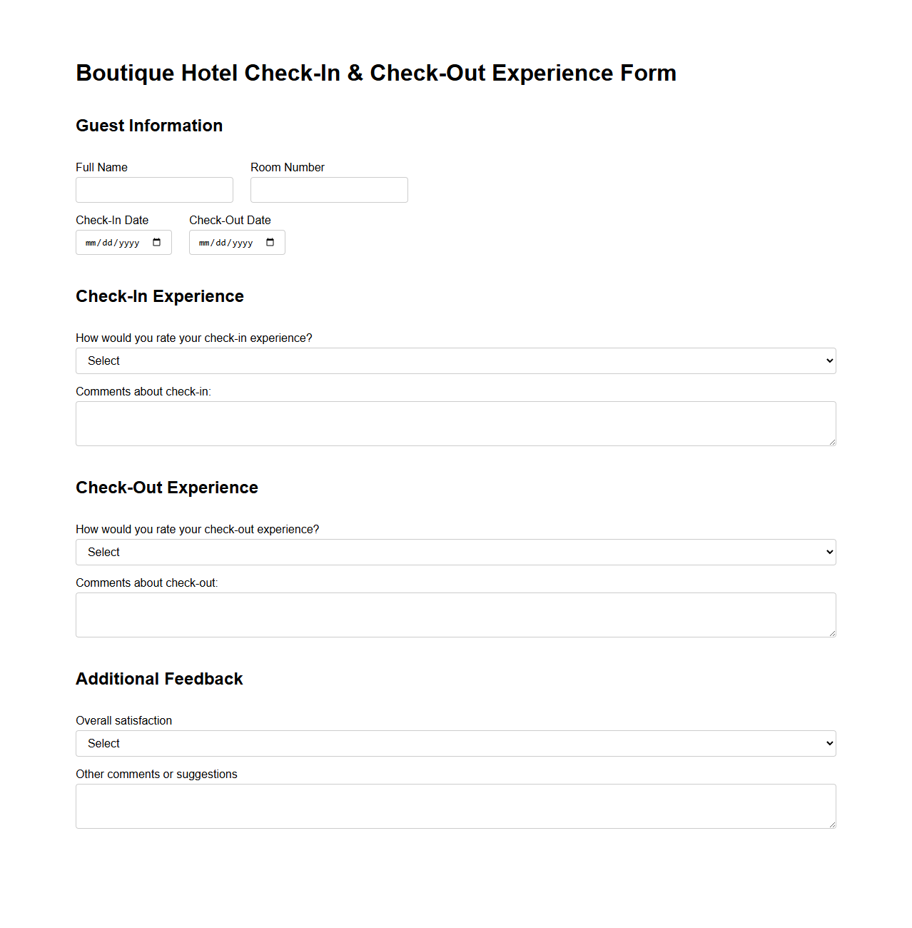 Boutique Hotel Check-In and Check-Out Experience Form