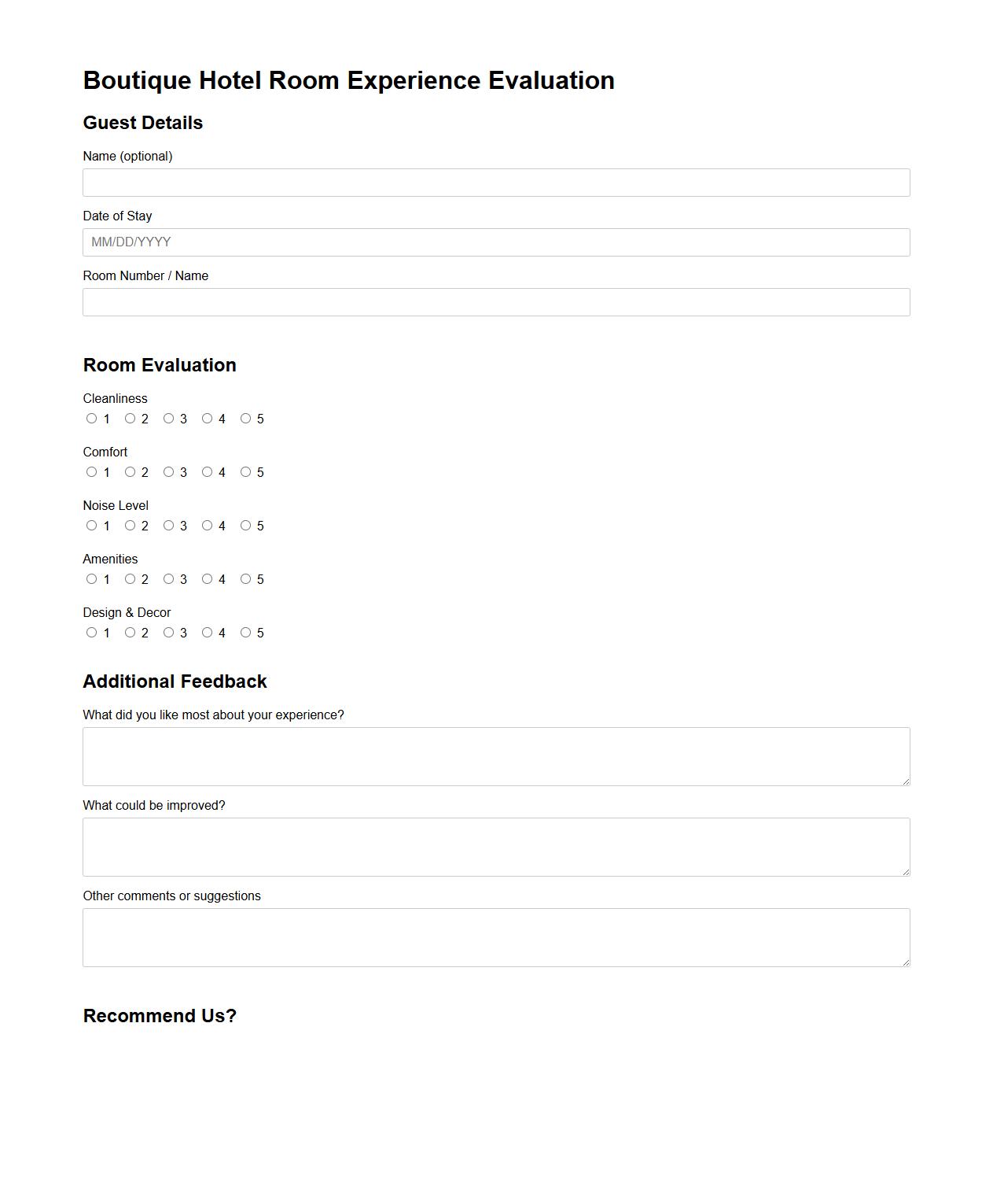 Boutique Hotel Room Experience Evaluation Sample