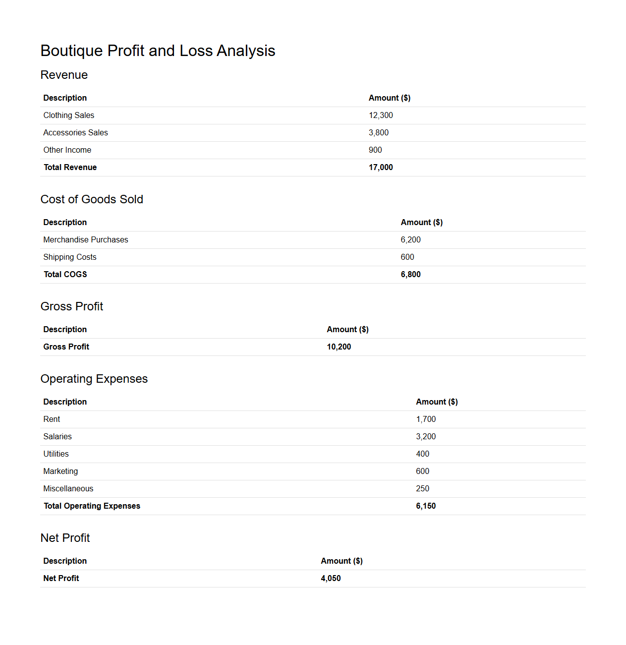 Boutique Profit and Loss Analysis Sample