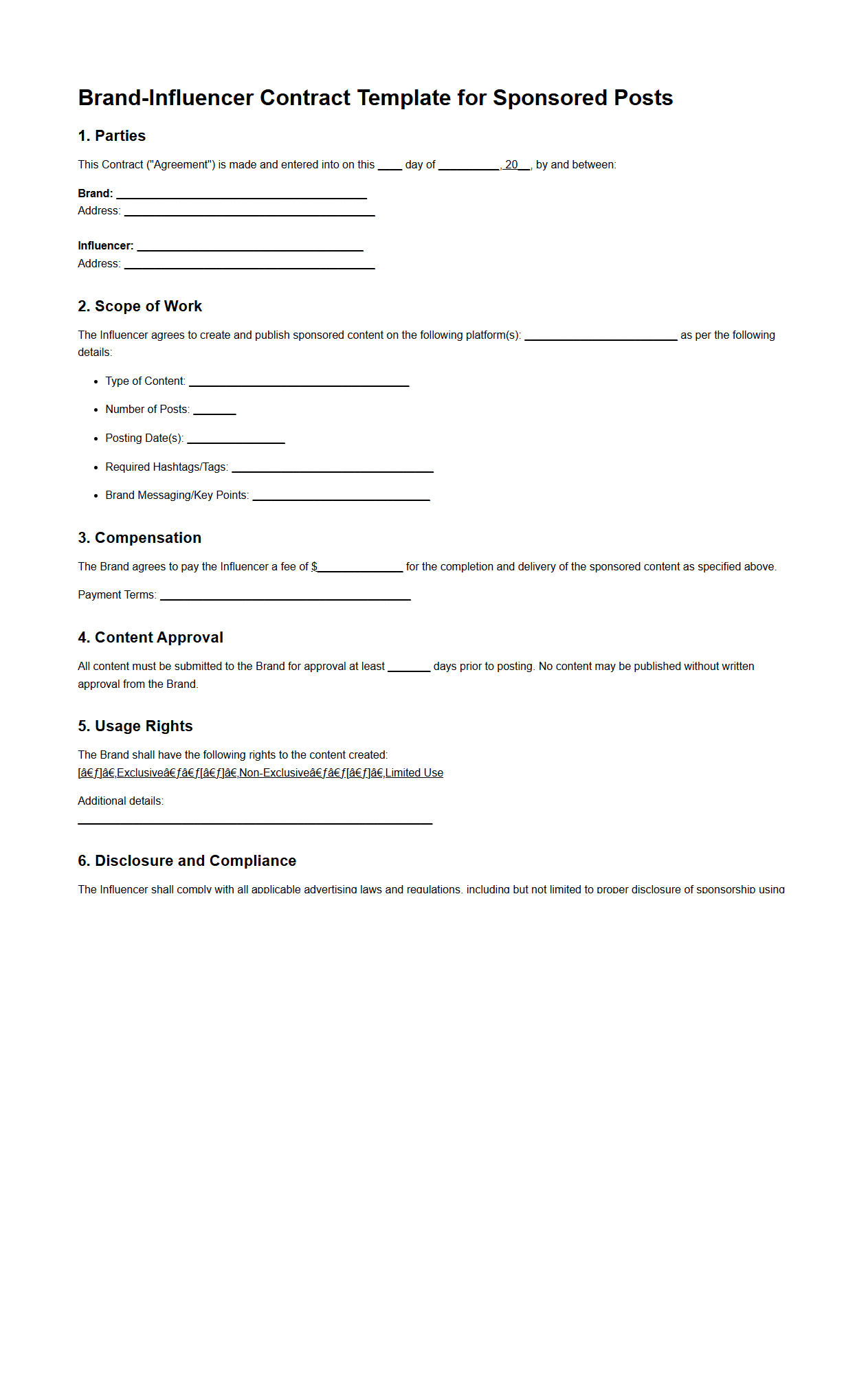 Brand-Influencer Contract Template for Sponsored Posts