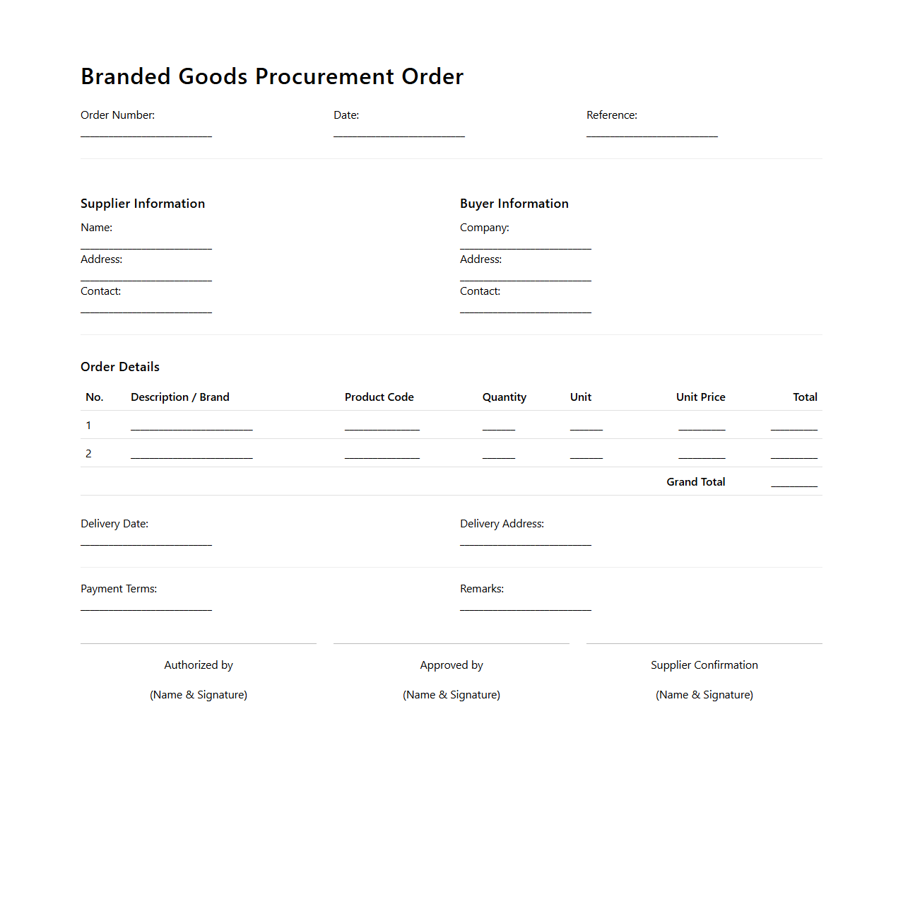 Branded Goods Procurement Order Document